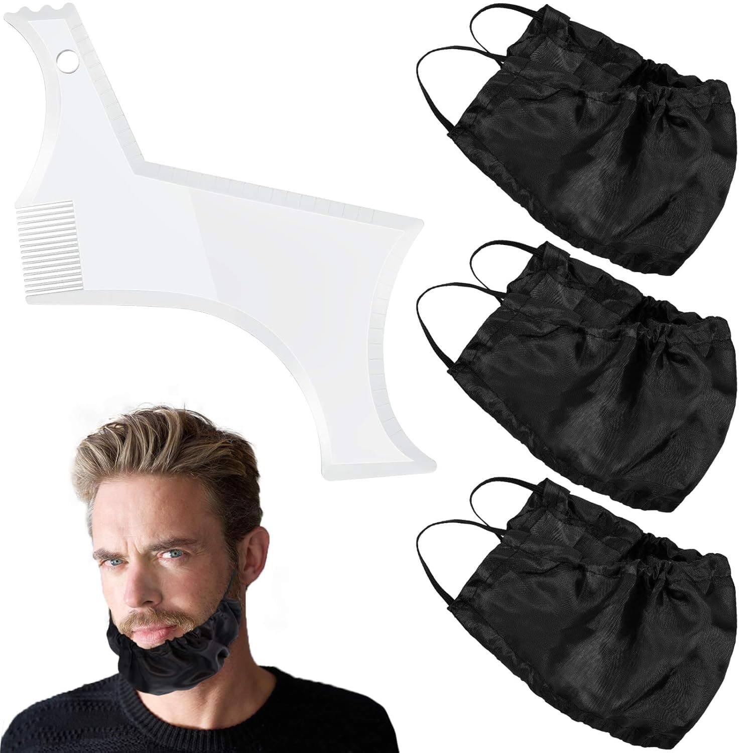 4 Pieces Beard Bandana and Beard Shaping Tool Set, Black Beard Cover Adjustable Facial Hair Apron Guard Bonnet Bedtime Bib Cap and Beard Shaping Template Guide for Men