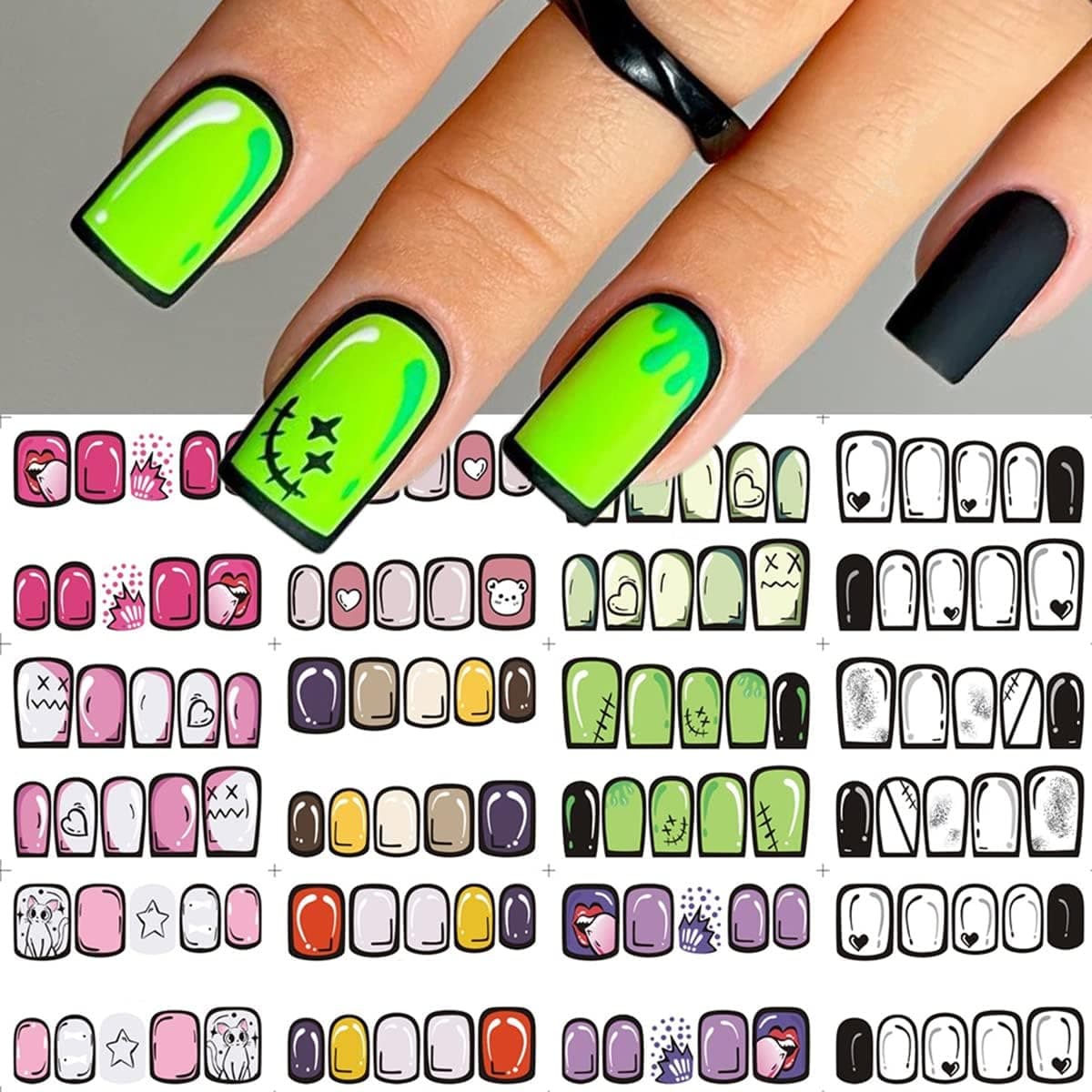 Comic Nail Art Stickers Graffiti Nail Decals Water Transfer Square Short Nails Full Cover Nail Wraps Fun Cartoon Water Decals Transfer Foils for Nails Design DIY Manicure Tips 12 Sheets
