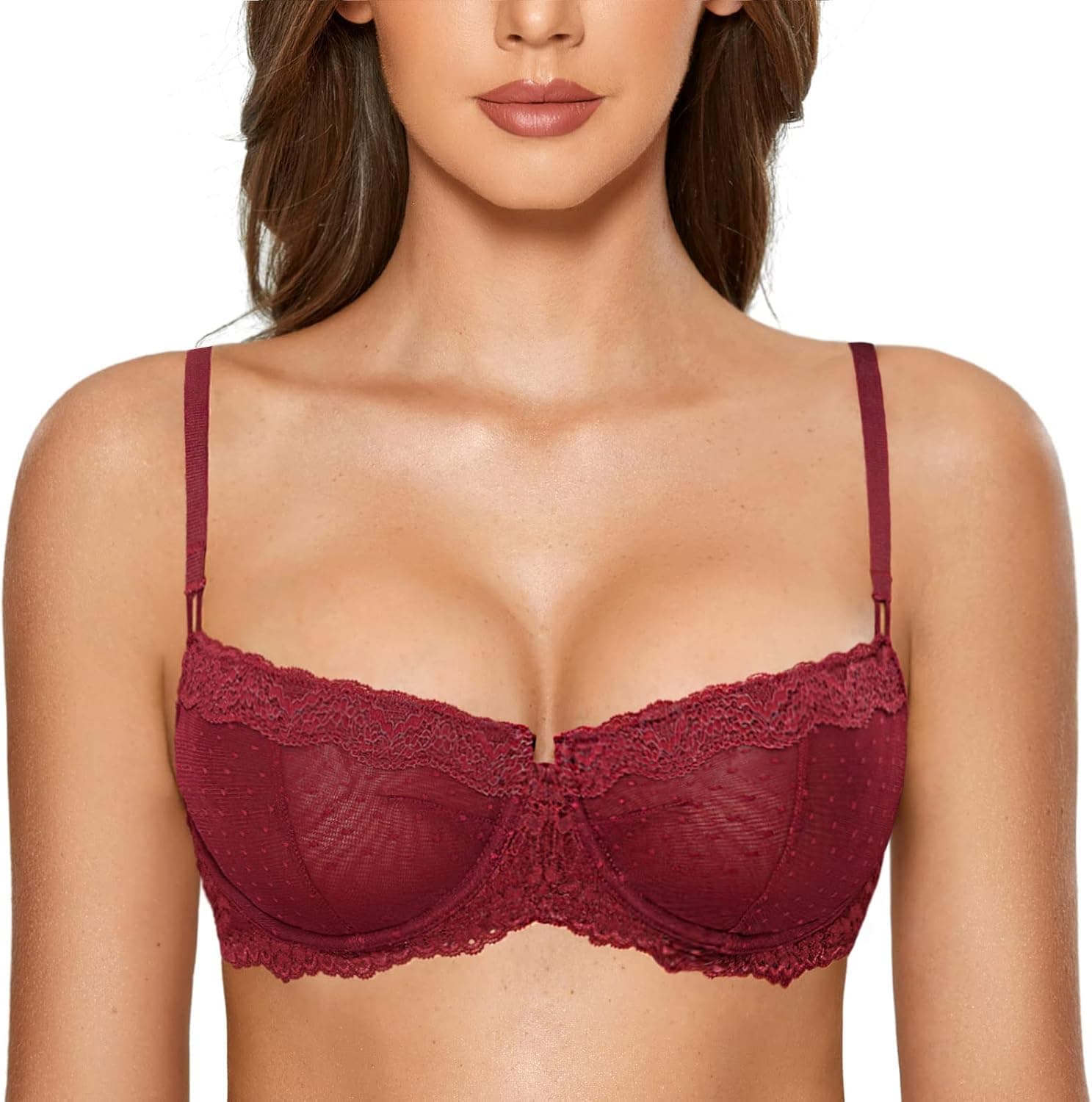 DOBREVA Womens' Lace Bra Underwire Balconette Unlined Demi Sheer Plus Size