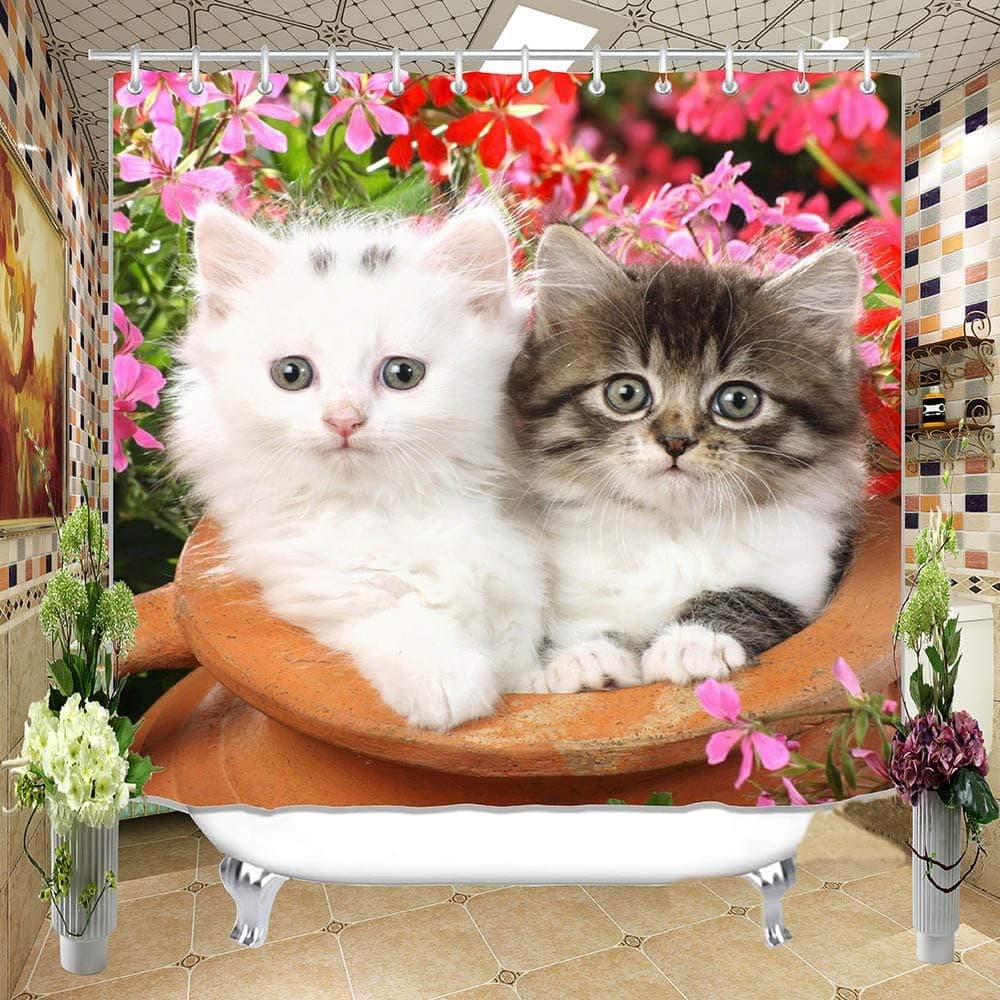 Shower Curtain Bathroom Decor for Home Printed with Cute Cats Pet Animal 72 x 72 Inches Polyester Fabric Water-Proof Include Hooks (cat02)