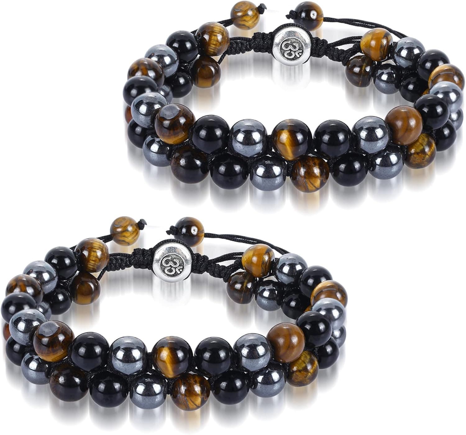 Yolev 2Pcs Tiger Eye Stone Bracelet Men Women, Stress Relief Yoga Beads Adjustable Bracelet Natural Energy Stone Essential Oil Lava Rock Black Onyx Tiger Eye Beads Bracelet Adjustable Couples