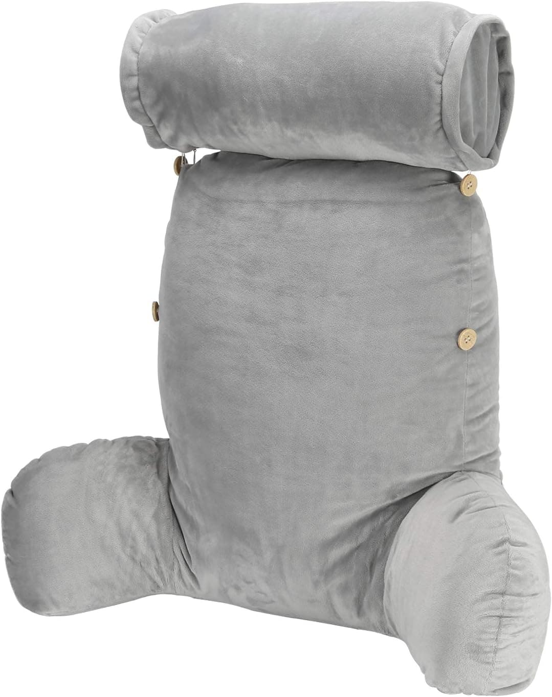 MorNon Premium Soft Reading & Bed Rest Pillow with Arm Rests, Pocket, Memory Foam, Adjustable and Detachable Neck Roll, Reading/Relaxing/Watching TV, Grey