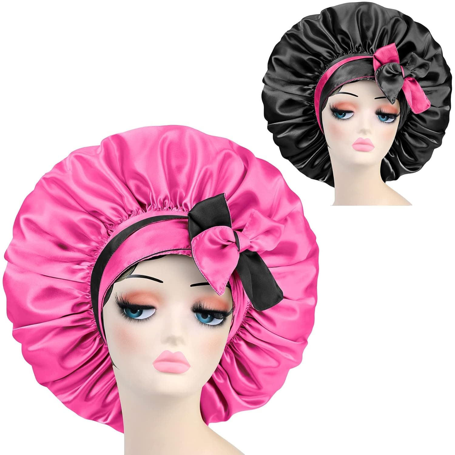 Satin Silk Bonnet Hair Cap: Extra Large Jumbo Adjustable Double Layer Reversible Sleeping Satin Lined Bonnets Night Cap (HotPink&Black)