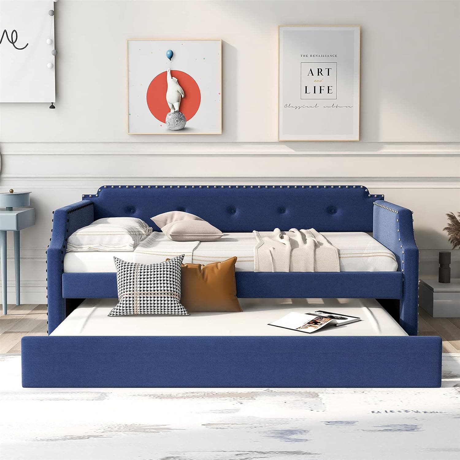Harper & Bright Designs Twin Daybed Upholstered Daybed with Trundle, Twin Size Sofa Bed Wood Bed Frame for Kids/Teens/Girls/Boys, Blue