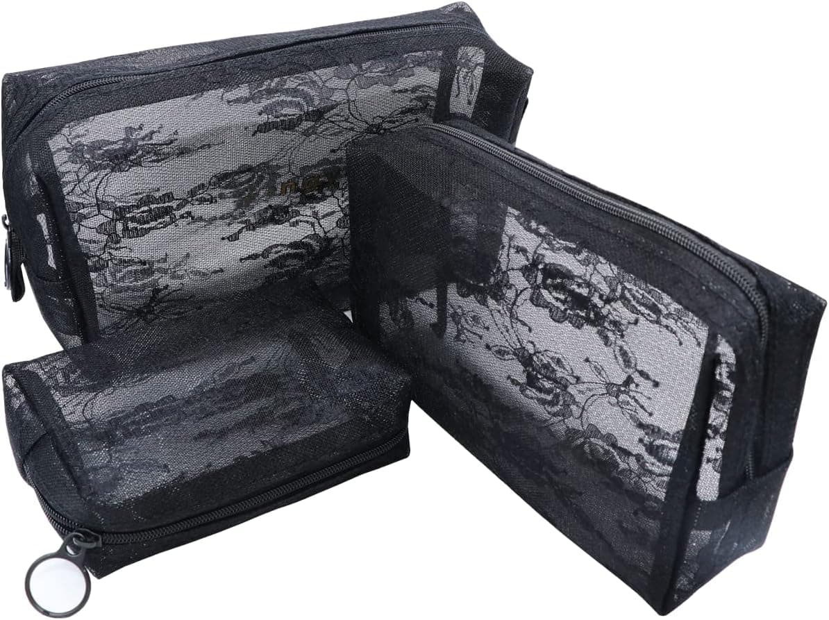 Ai EHan 3 Pieces Portable Zipper Mesh Cosmetic Bags Case Makeup Bag Toiletry Storage Pouch for Home Offices Travel Accessories Organizer (Black Lace Cuboid Mesh Bag)