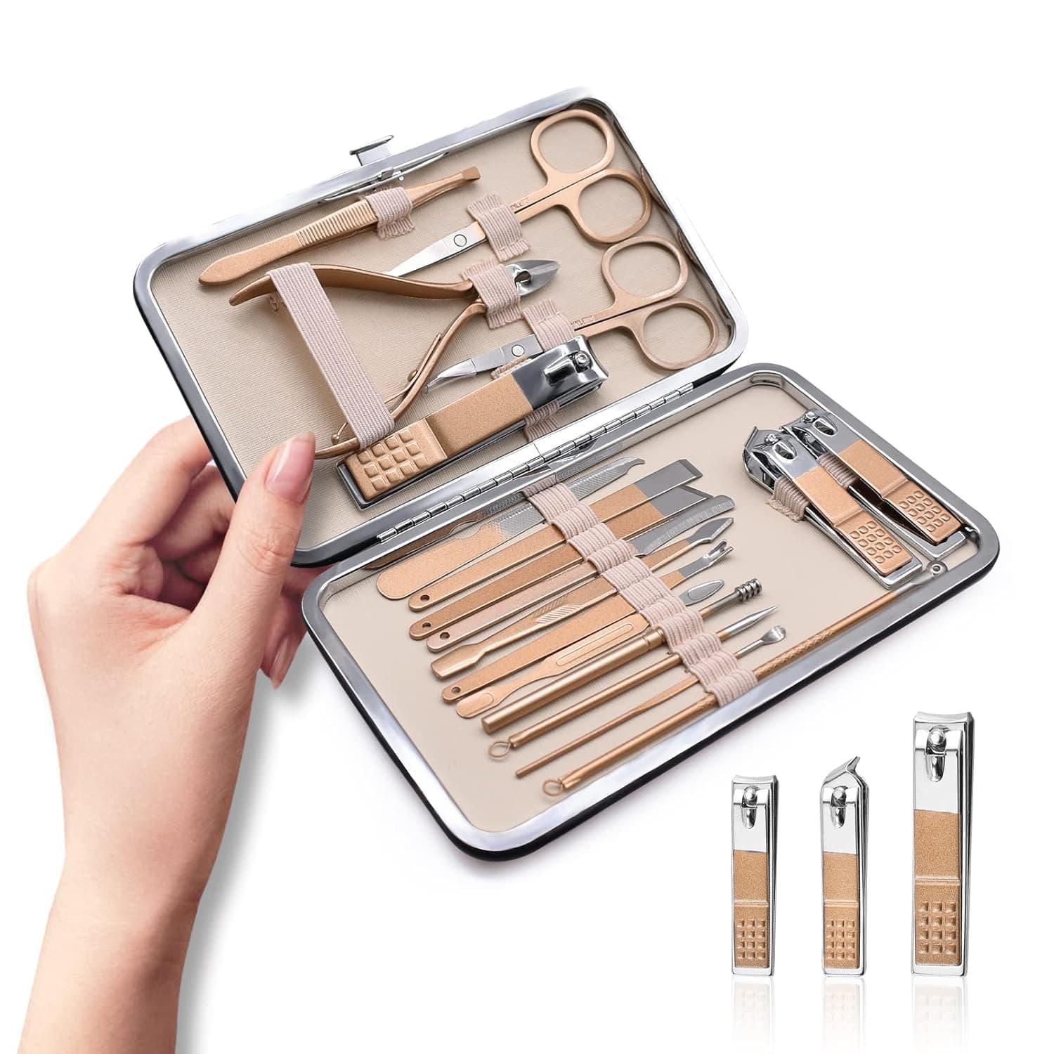 ATENTO Premium Manicure Set Nail Clippers Pedicure Kit, 18 Pcs Stainless Steel Manicure Kit, Professional Nail Care Tools Fingernail Clippers Grooming Kits, Nail Set Kit for Christmas Present(Pink)