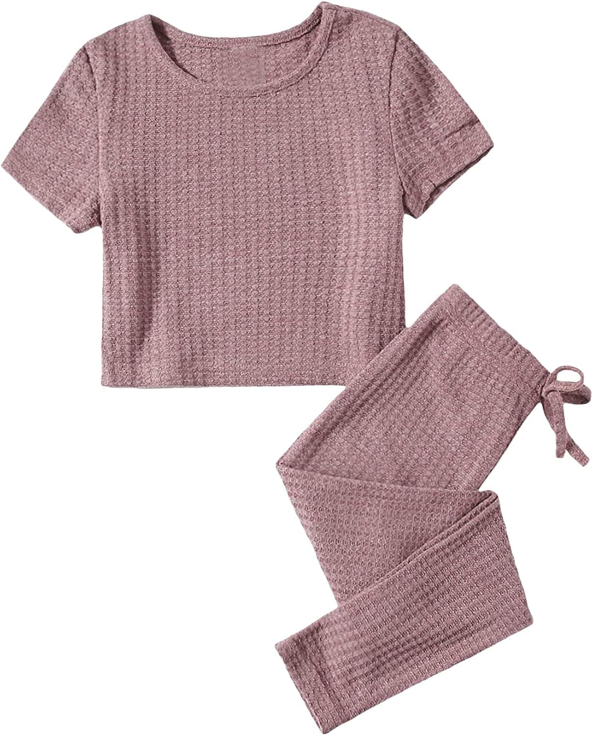 Romwe Girl's 2 Piece Outfit Ribbed Knit Workout Short Sleeve Crop T Shirt and Leggings Set