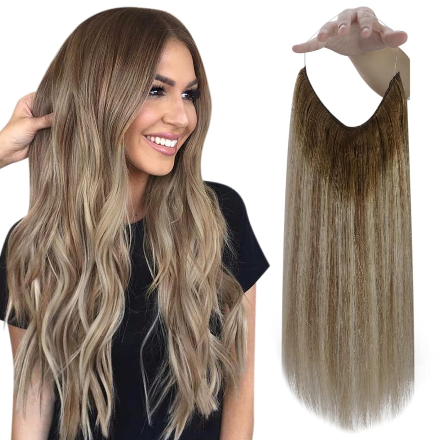 Fshine Secret Extensions Human Hair Invisible Wire Wire 90Gram Layered Clip in Hair Extensions Human Hair Dark Brown to Ash Brown and Blonde 16Inch