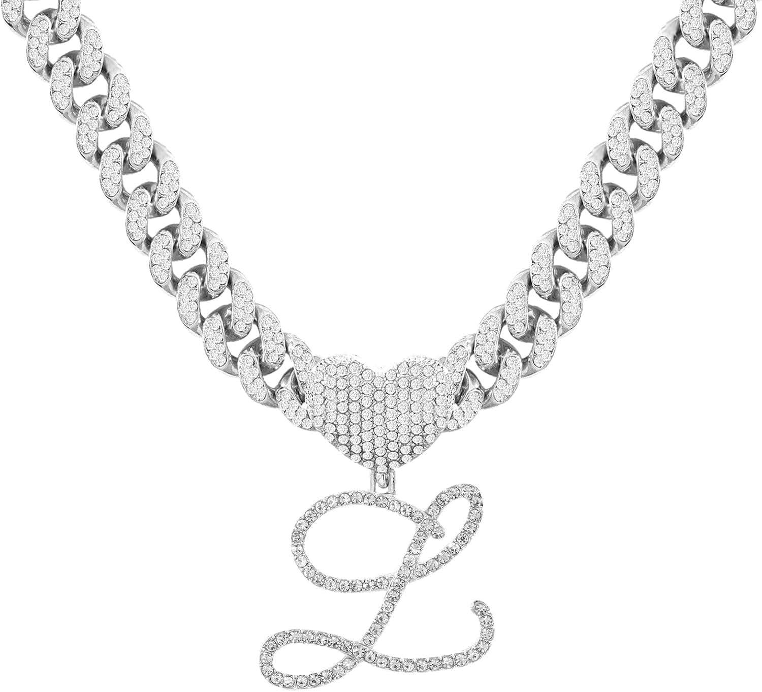 PTJDSMF Cursive Silver Initial Pendant Necklaces Alphabet Pendant Miami Cuban Link Chain Necklace for women Hip Hop Iced Out Letter Chain with Pendant Jewelry Gift…