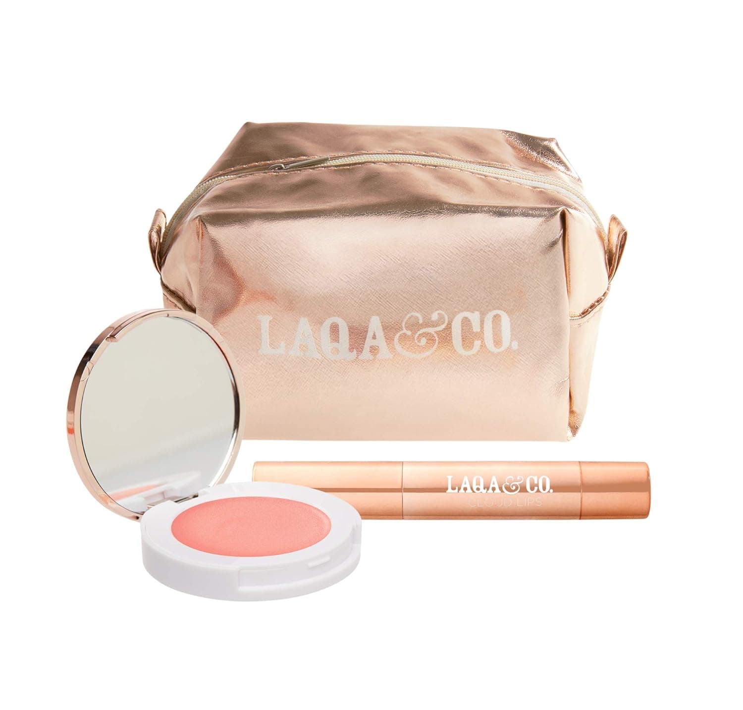 LAQA & Co. Daydreaming Duo Gift Set, Highlighter and Matte Lipstick Set with Rose Gold Makeup Bag for Women