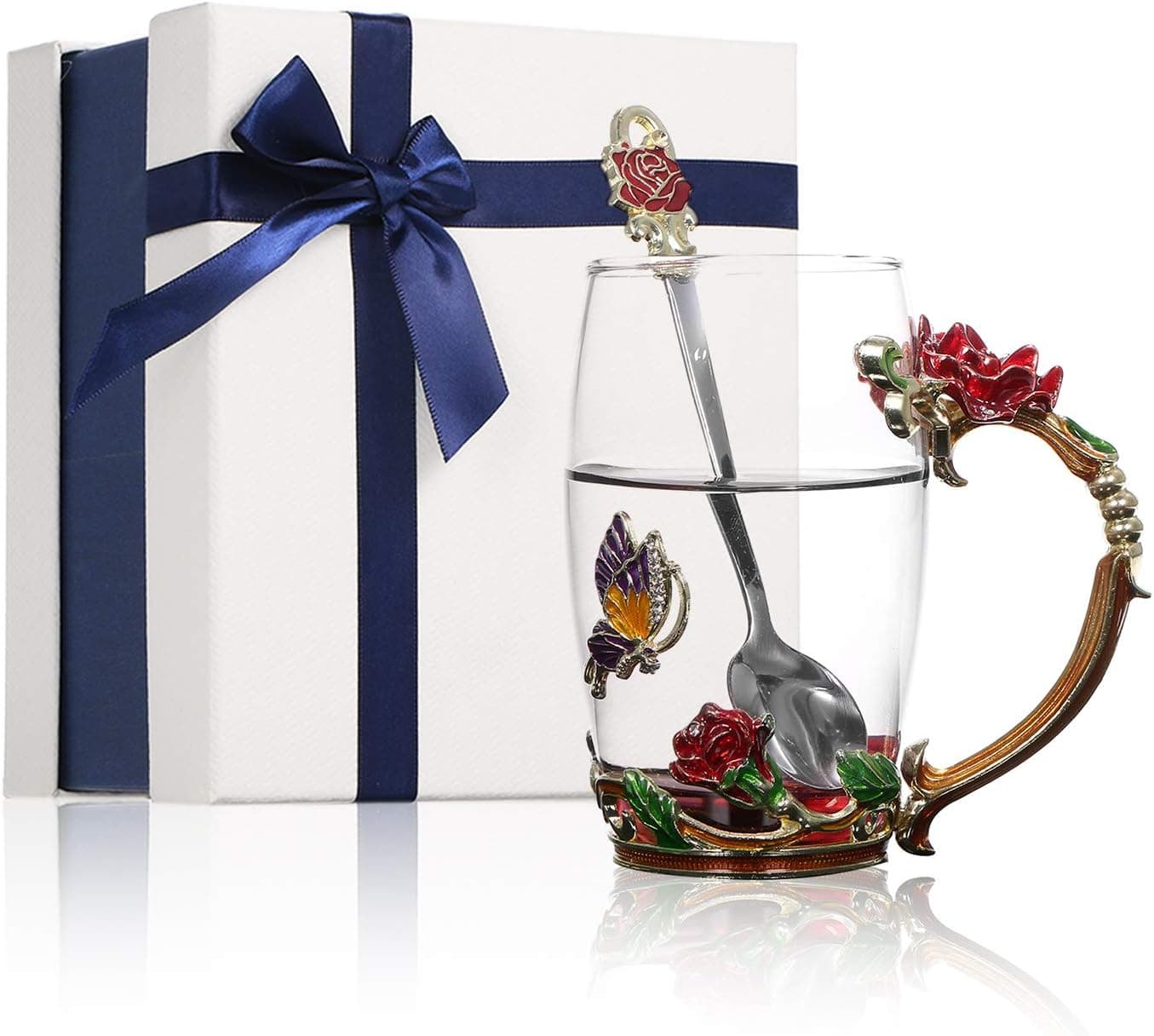 Flower Glass Tea Mug Set, Rose Enamel Craft Lead-free Glass Coffee Mugs Tea Cup with Spoon,Cleaning Cloth for Women Teachers,Mother's Day Present