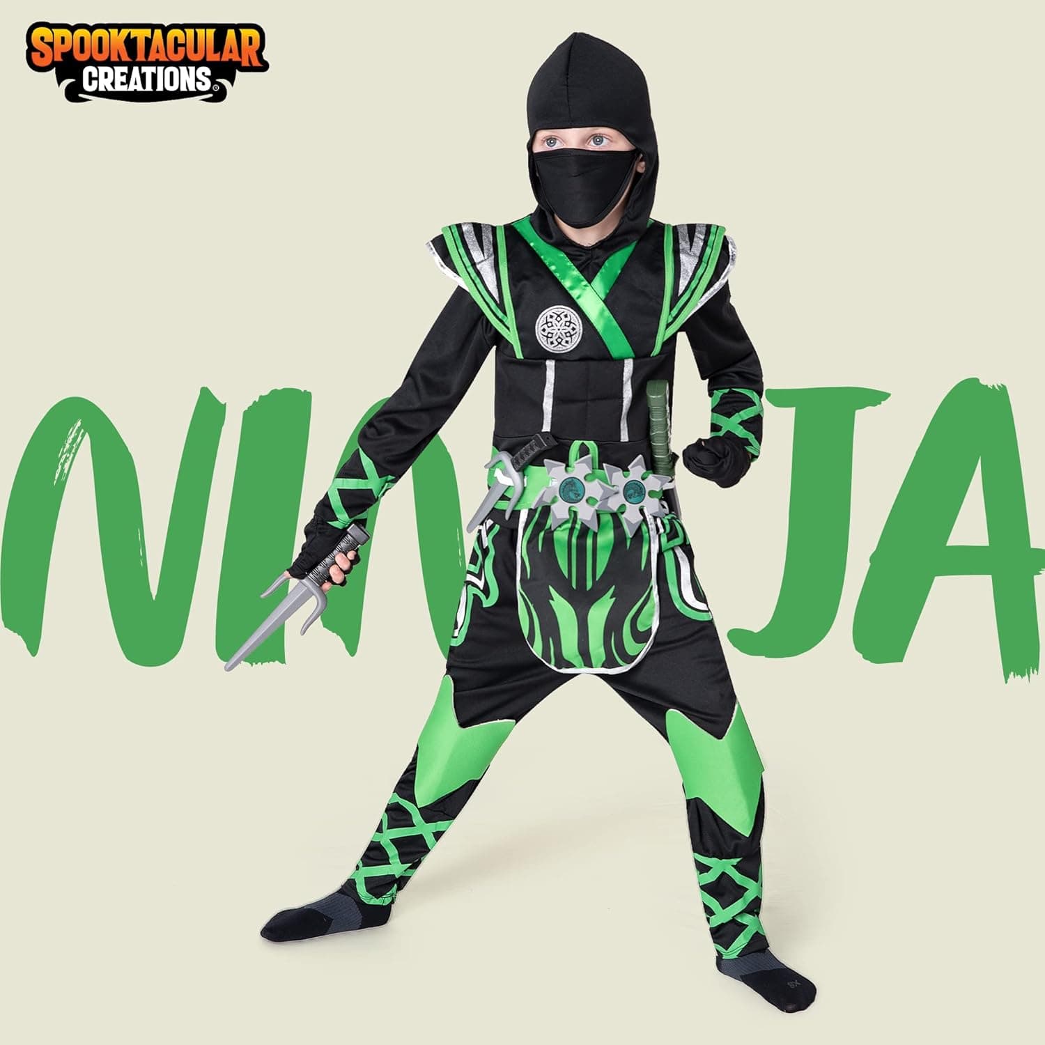 Spooktacular Creations Child Boy green ninja warrior costume for Halloween dress up party (Medium (8-10yr))