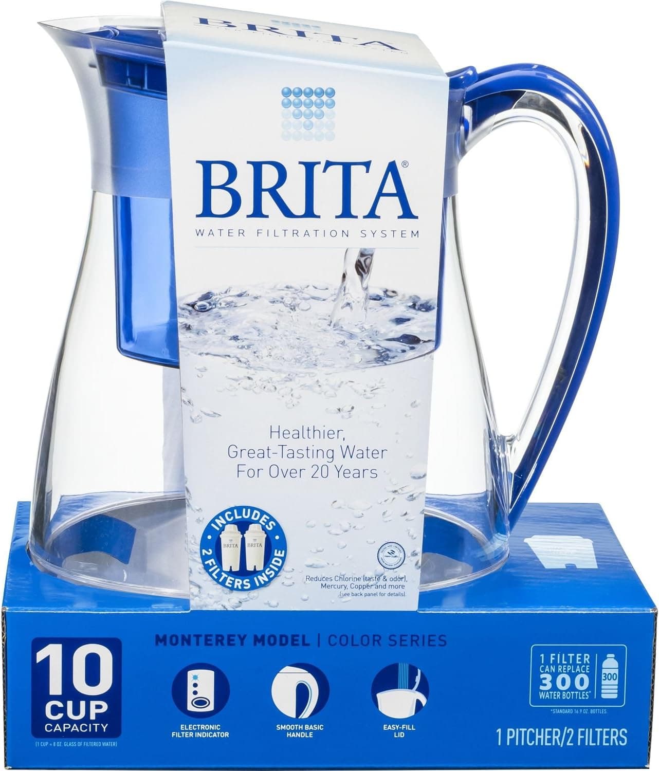 Brita Water Filter Pitcher, Monterey Model, 2 Filters, 10 Cup Capacity (Blue)