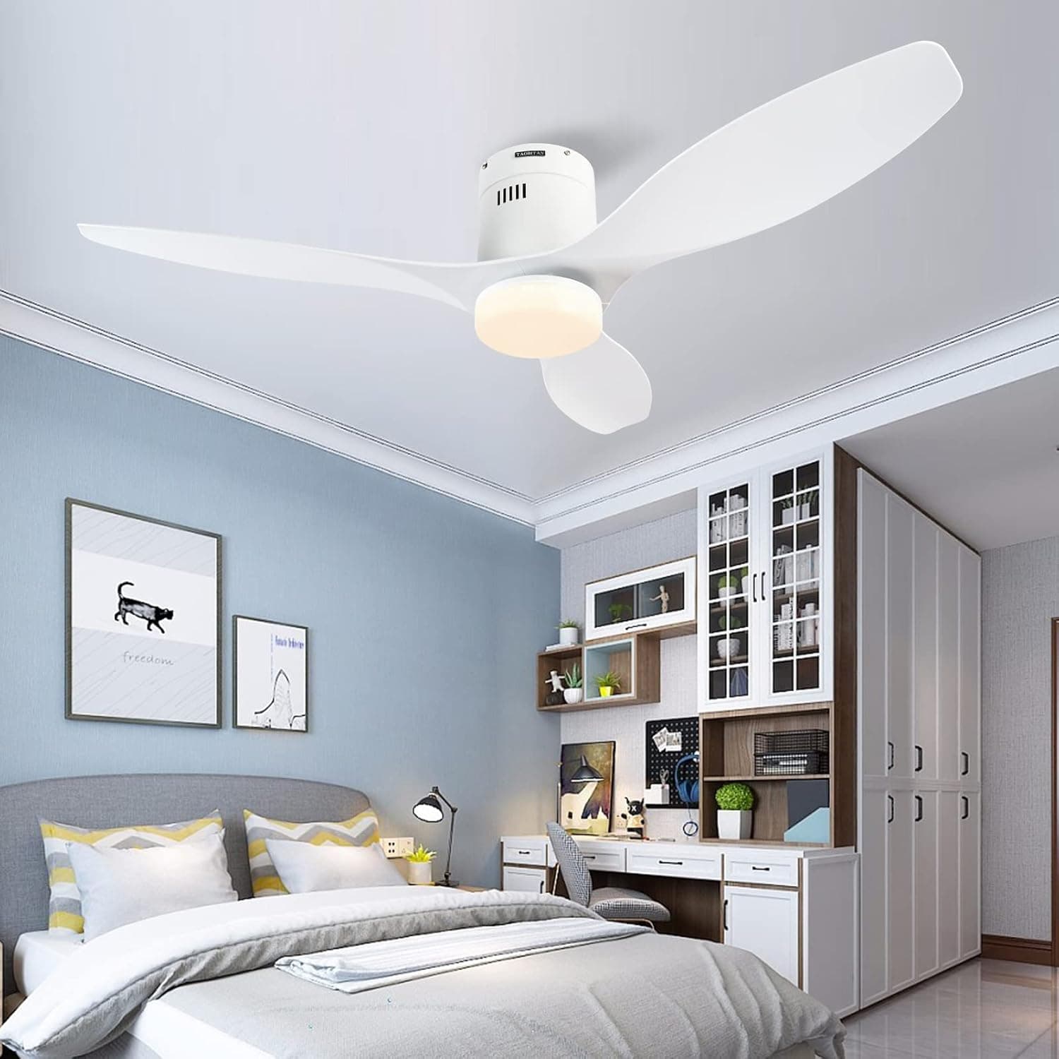 TAOBITAN 48 inch Ceiling Fan with Light and Remote, Indoor Low Profile Ceiling Fan with 6 Speeds 3 Color LED light DC Motor,White,F5661A