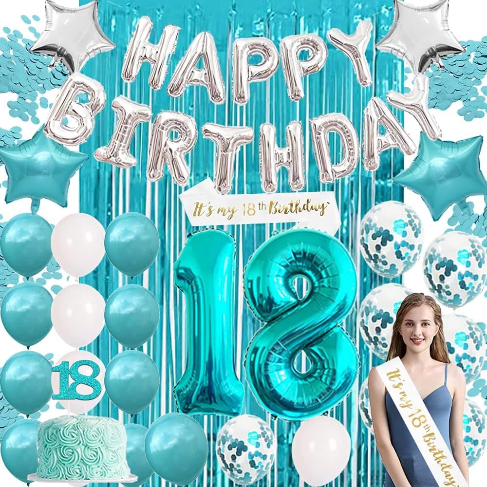 18th Birthday Decorations for Girls Teal- Turquoise Balloons,Teal Blue and Silver Birthday Balloons with Teal Metallic Tinsel Foil Fringe Curtains Photo Backdrop ,Cake Topper, Birthday Sash,Confetti Balloons for Turquoise Birthday Party Decorations Set
