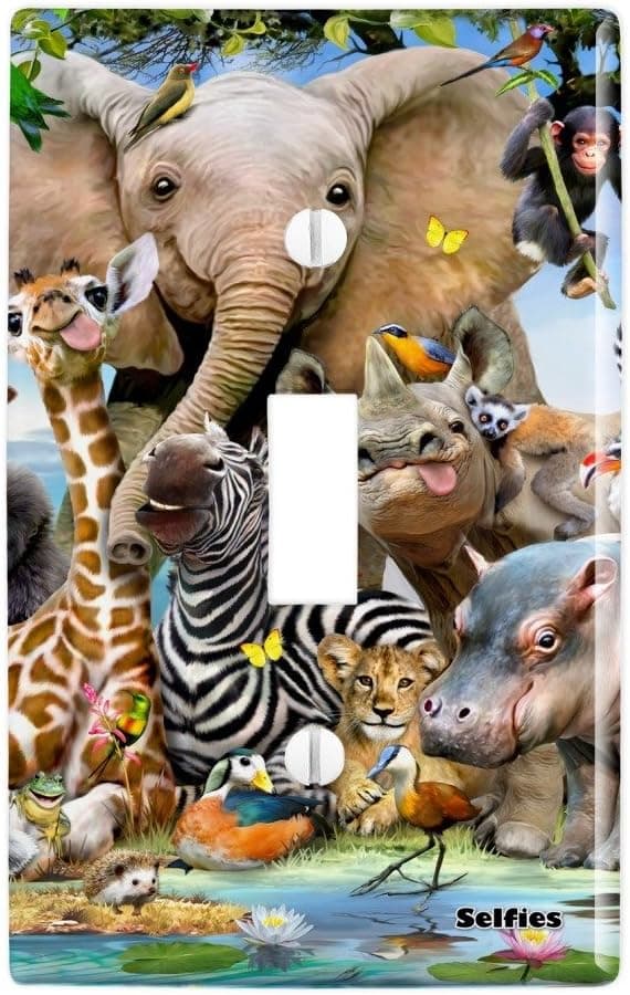 GRAPHICS & MORE Africa Animals Smile Selfie Elephant Giraffe Zebra Hippo Rhino Plastic Wall Decor Toggle Light Switch Plate Cover