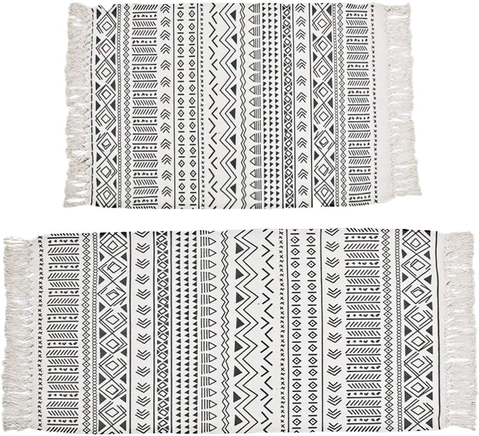 HEBE Cotton Area Rug Set 2 Piece 2'x3'+2'x4.2' Woven Cotton Area Rugs Runner Machine Washable Cotton Fringe Tassel Rug for Living Room Bedroom Kitchen