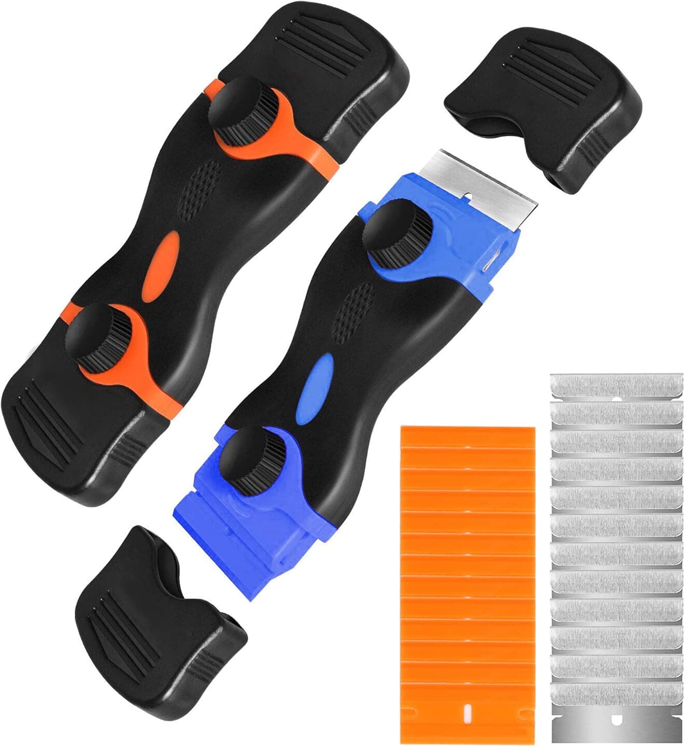2 Pack Razor Blade Scraper, 2-in-1 Multi-Purpose Scraper Tool with 10Pcs Plastic Blades and 10Pcs Metal Blades, Stronger Cleaning Scraper for Removing Window Labels, Decals, Stickers, Glass Stove Top