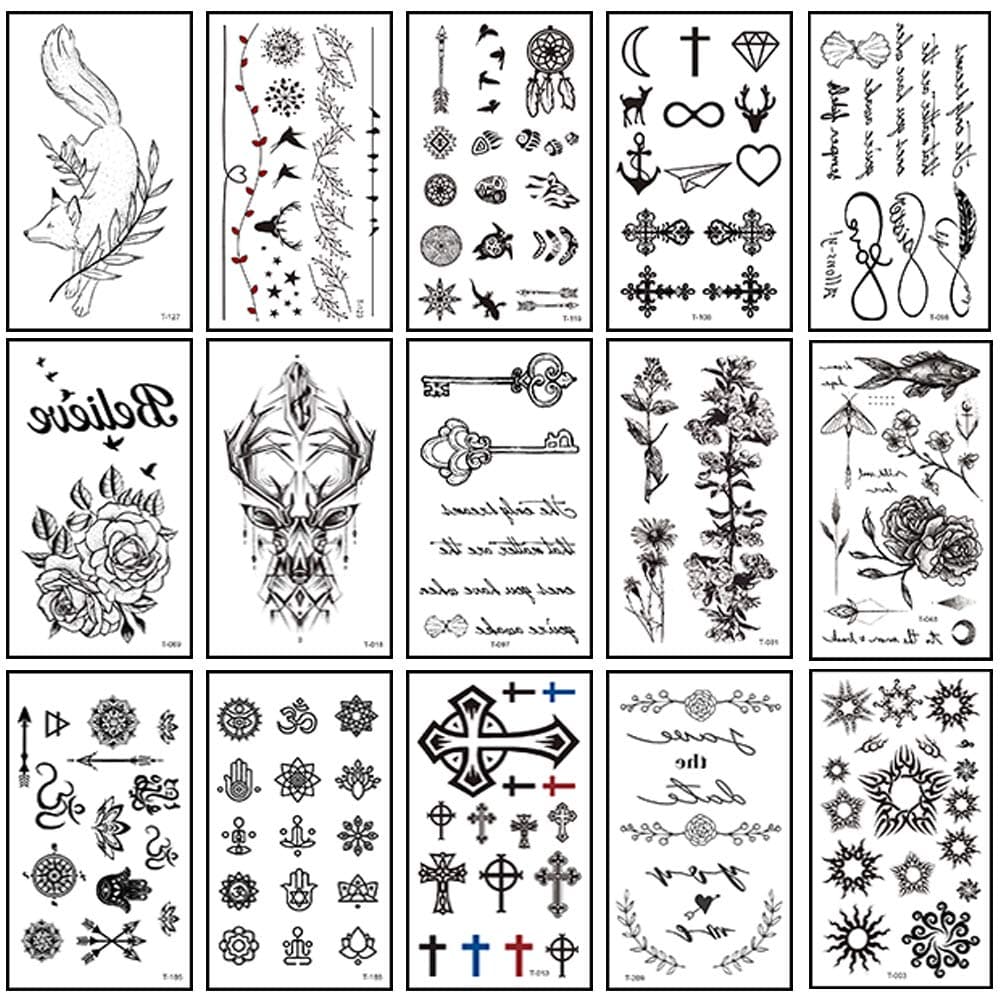 Comdoit Temporary Tattoo Kit Semi Permanent Tattoo Jagua Gel Black Brown Tattoos Fake Freckles Kits Freehand Ink 18 Pcs Tattoo Stencils DIY Temp Tattoos for Women Kids Men Body Markers (4 Bottles)