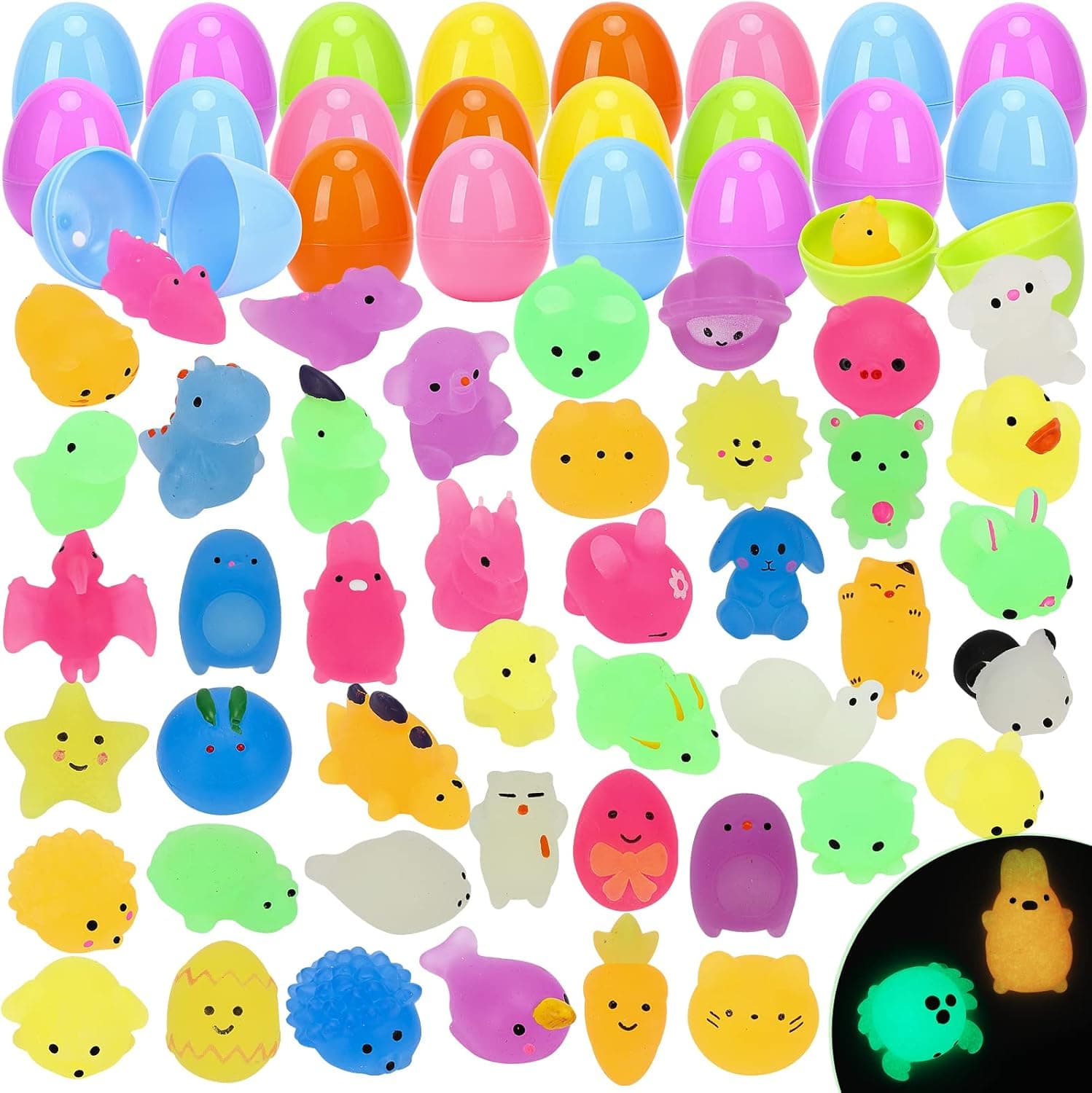 48Pcs Prefilled Easter Eggs with Mochi Squishy Glow in The Dark Cute Animal Squishys Toys for Kids Easter Basket Stuffers Mini Soft Squishy Stress Relief Toys for Easter Egg Hunt Party Favors