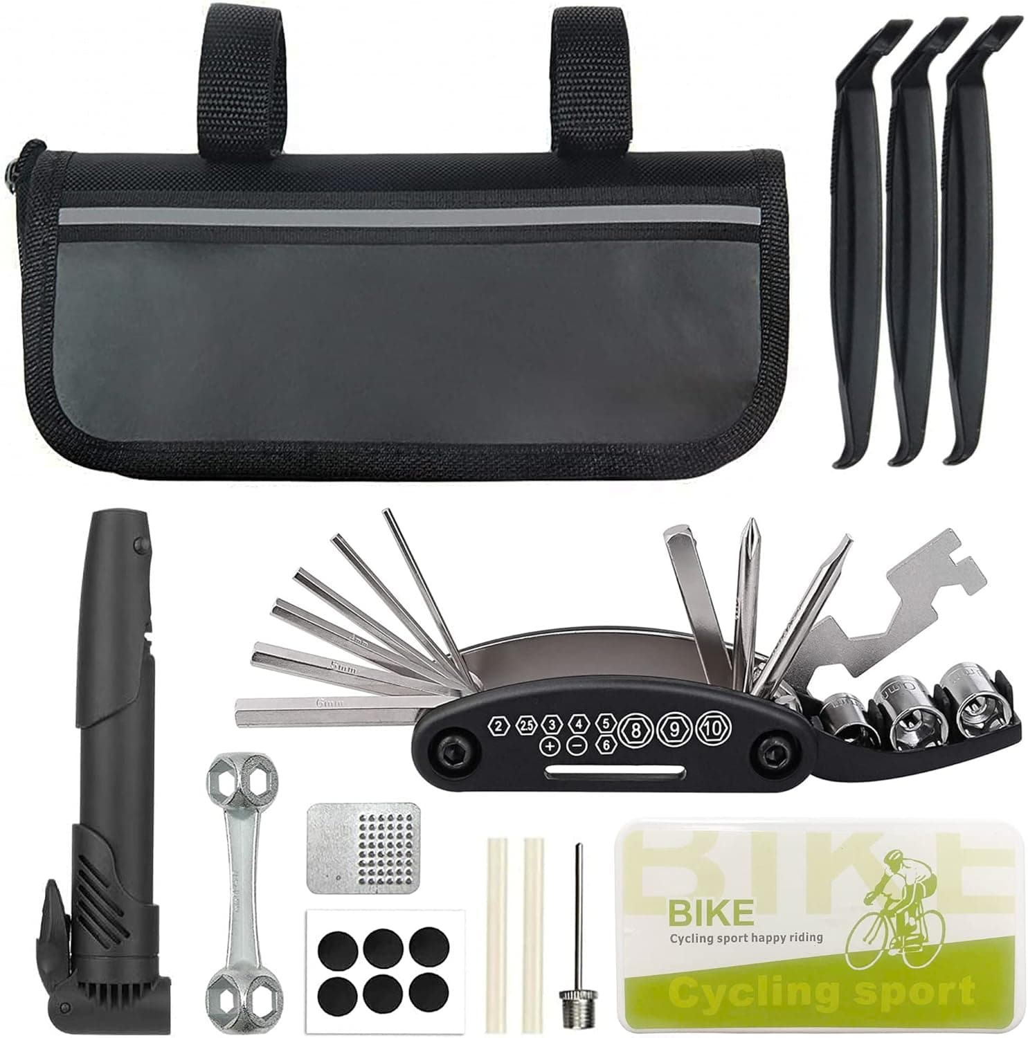 Bike Repair Kit, SFFRY Emergency Bicycle Tool Bag Portable Mini Pump Tire Levers , 16 In 1 Multi Function Tools and Cycling Accessories for Outdoor Camping Travel Home Road