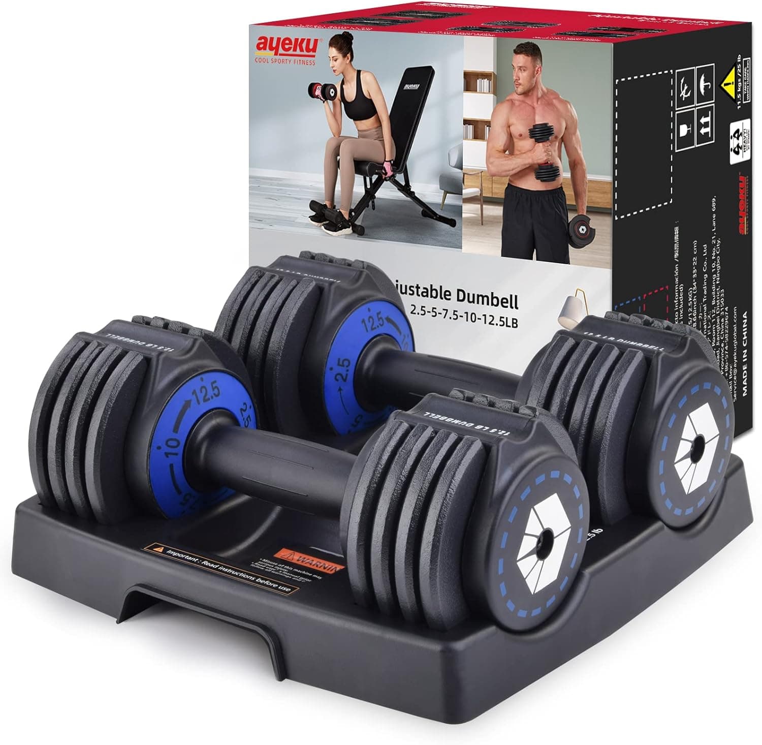 AyeKu Adjustable Dumbbell Set 2.5/12.5lb Dumbbells for Men and Women,Fast Adjust Weight by Turning Handle,Black Dumbbell with Tray Suitable for Full Body Workout Fitness (Pair)