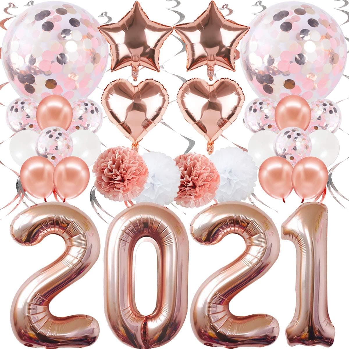 Graduation Decorations 2021, Rose Gold Confetti Ballooons Party Supplies with 40 Inches Rose Gold 2021 Balloons Hang Swirls, Perfect for Congrats Grad