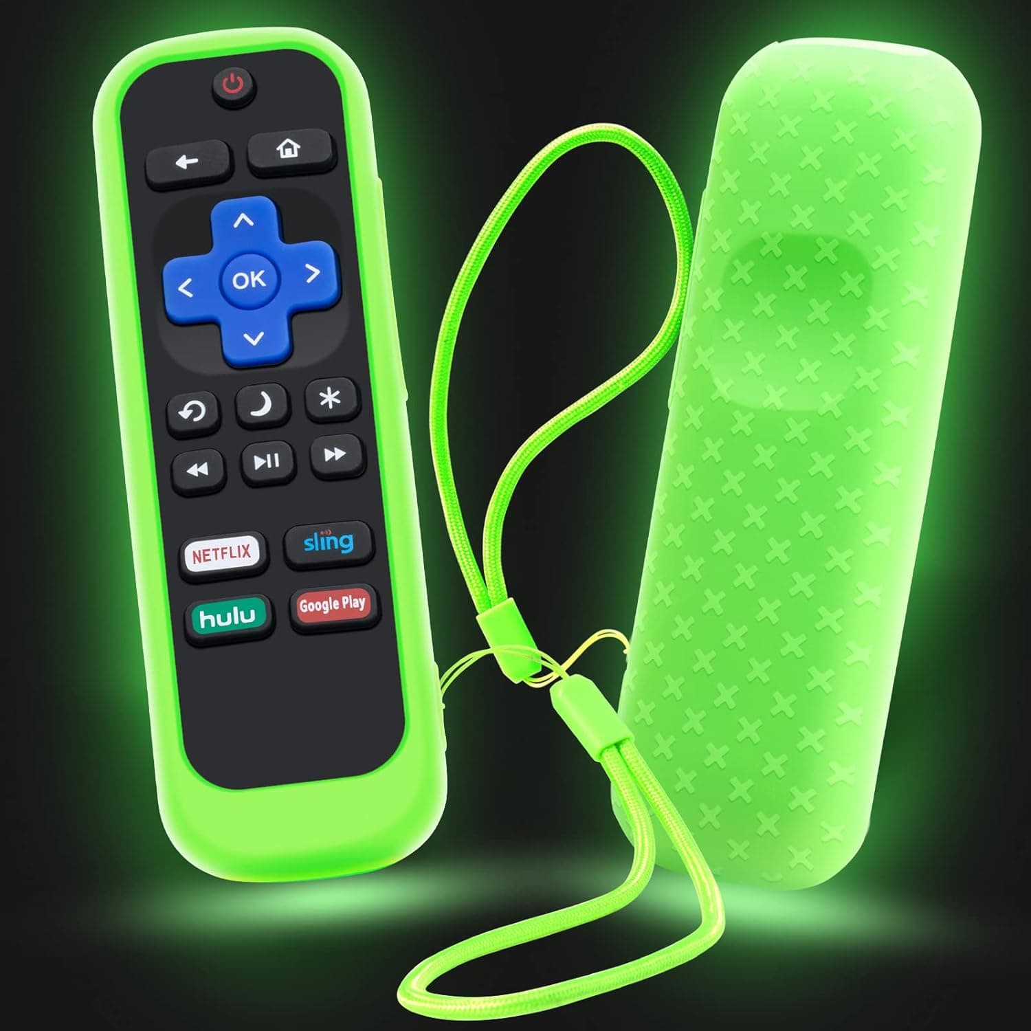 Case for Roku Remote, Cover for Hisense / TCL Roku TV Steaming Stick / Express Universal Replacement Controller Silicone Sleeve Skin with Lanyard Glow in The Dark Green
