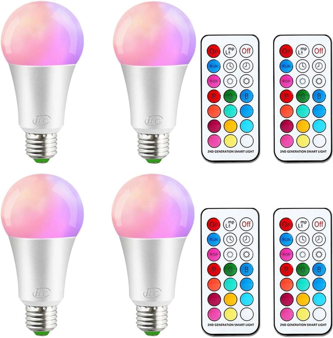 ILC RGB LED Light Bulb, Color Changing Light Bulbs Dimmable A19 10W E26 Screw Edison Base RGBW - Dual Memory - 12 Color Choices - Timing Infrared Remote Control Included - 60 Watt Equivalent(4 Pack)