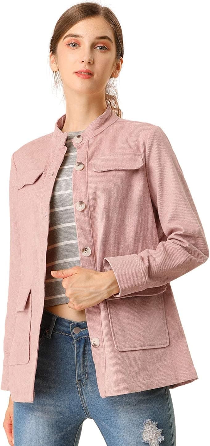 Allegra K Women's Trucker Vintage Corduroy Lightweight Casual Jacket Pink S (US 6)