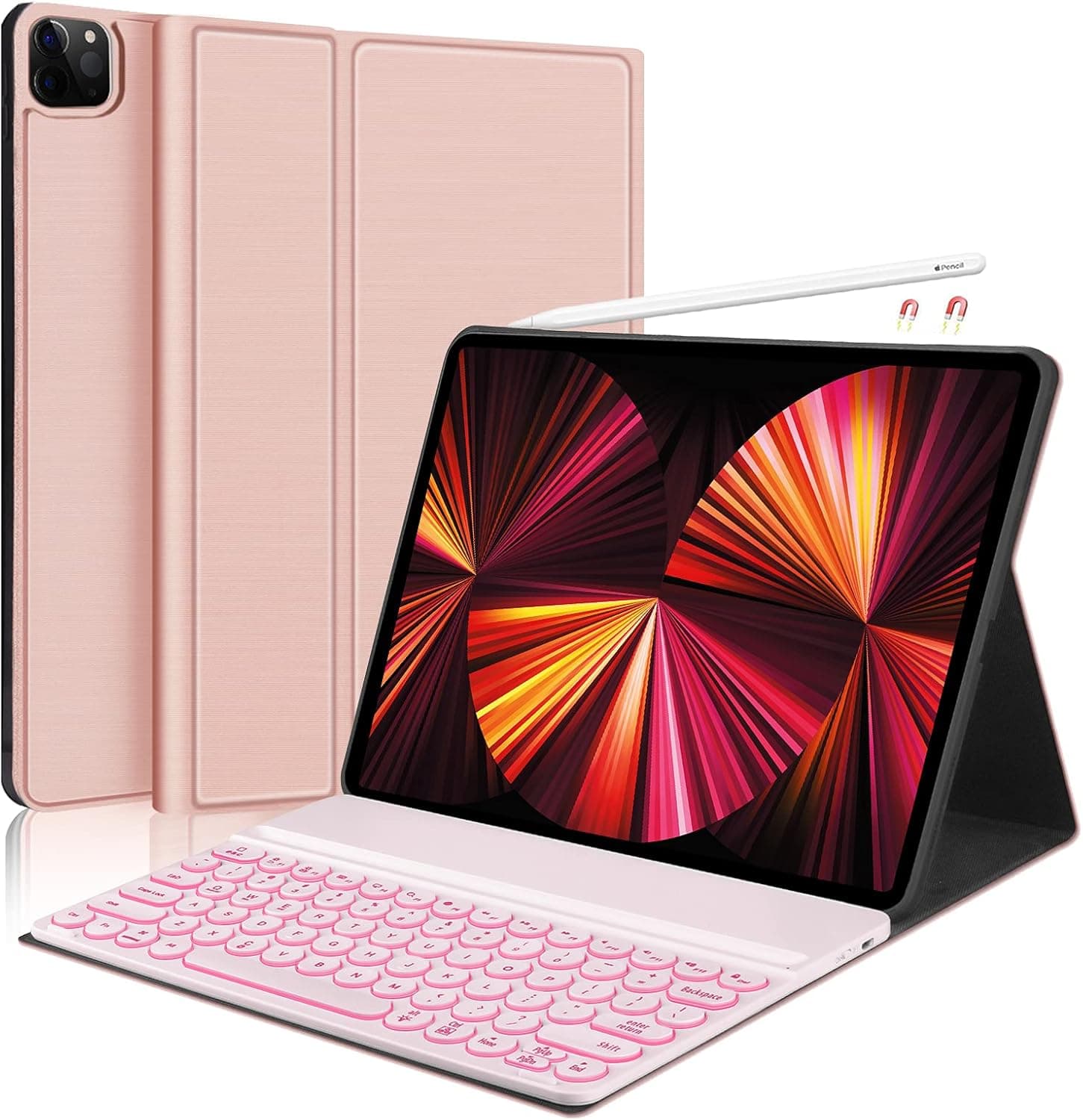 Keyboard Case for New iPad Pro 12.9 2021 5th Generation/2020 4th Gen/2018 3rd Gen - 7 Colors Backlit Detachable Keyboard Folio Smart Cover for iPad Pro 12.9 inch[Support Pencil Charging]-Rose Gold