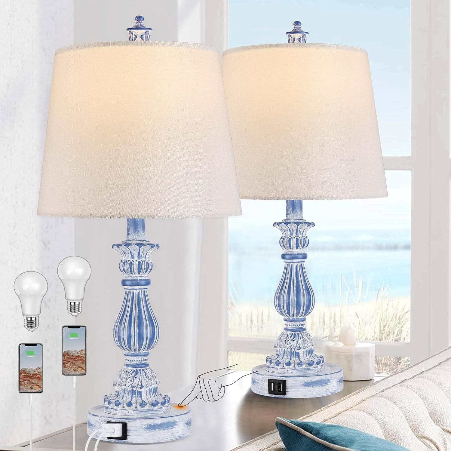 Coastal 3 Way Dimmable Touch Table Lamp for Bedrooms Set of 2 Farmhouse Bedside Lamp for Living Rooms Blue Washed Nightstand Lamp with 2 USB Charging Ports,2 Bulbs Included