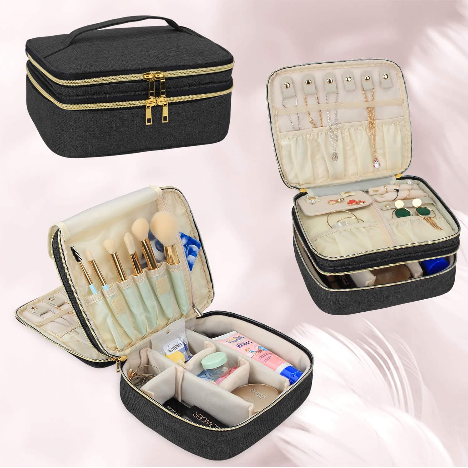Luxja Travel Case for Jewelry and Makeup, Double-layer Makeup Train Case with Compartment for Jewelry and Other Beauty Supplies, Black
