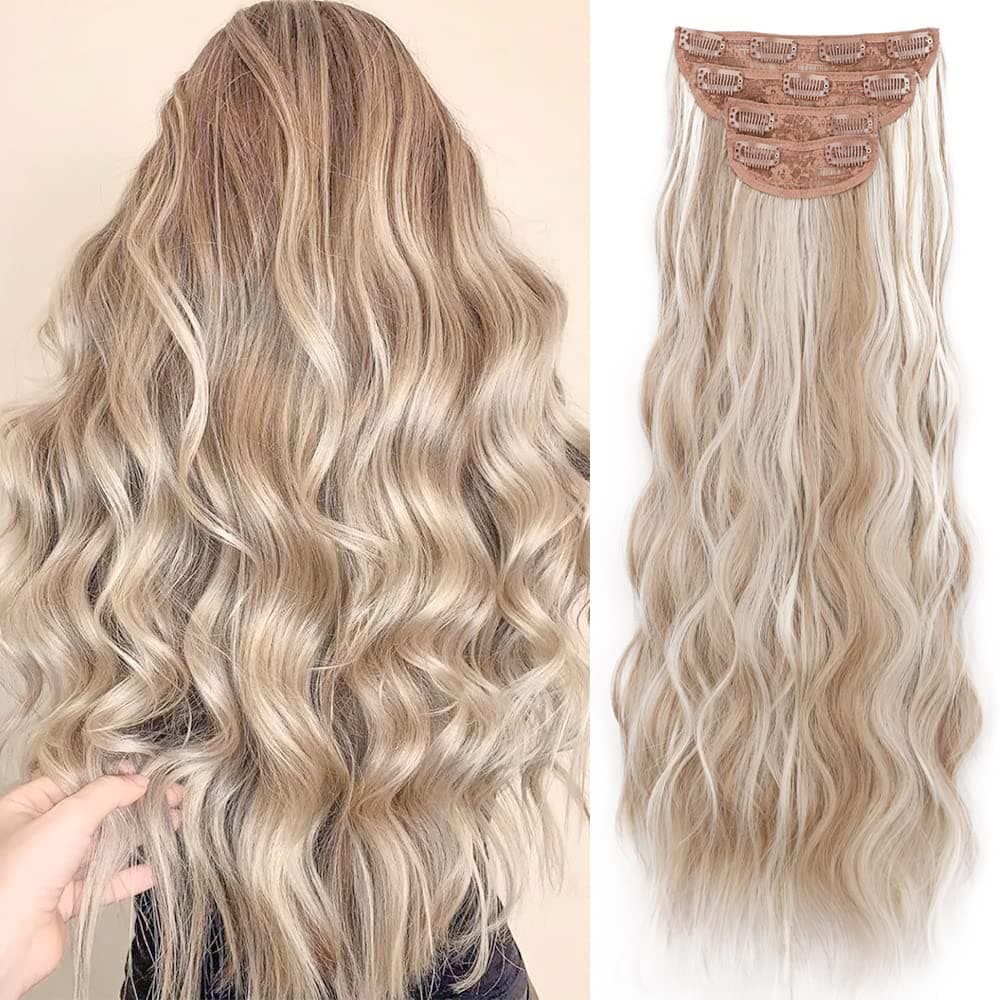 AISI BEAUTY Clip in Hair Extension 4PCS Long Wavy Hair Extensions 20 Inch Synthetic Golden Brown Mix Bleach Blonde Thick Hairpiece for Women