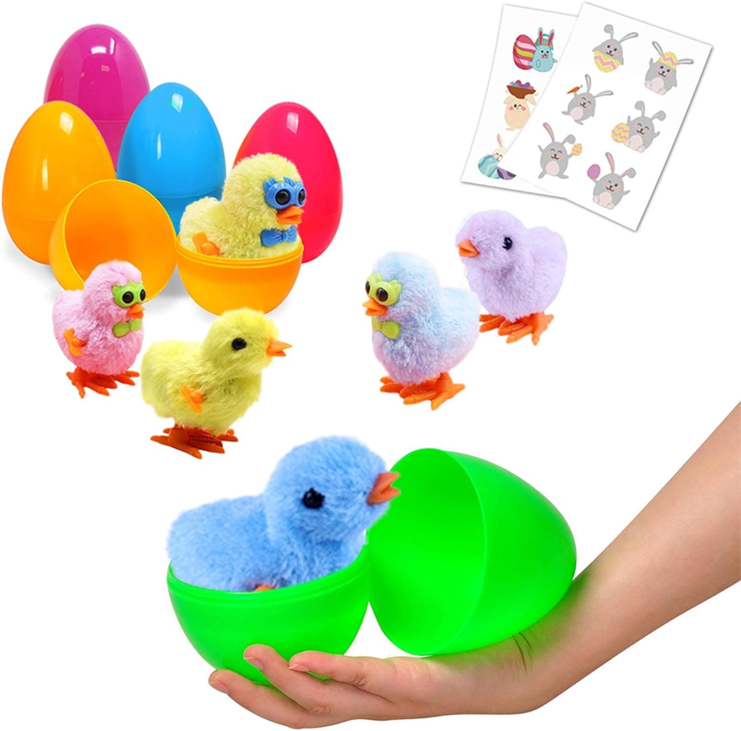 Large Surprise Eggs Filled 6 Pack Easter Eggs with Wind-Up Novelty Jumping Chics and Animal Stickers, Colorful Pre Plastic Easter Eggs For Kids Easter Basket Gifts Easter Basket Stuffers Fillers