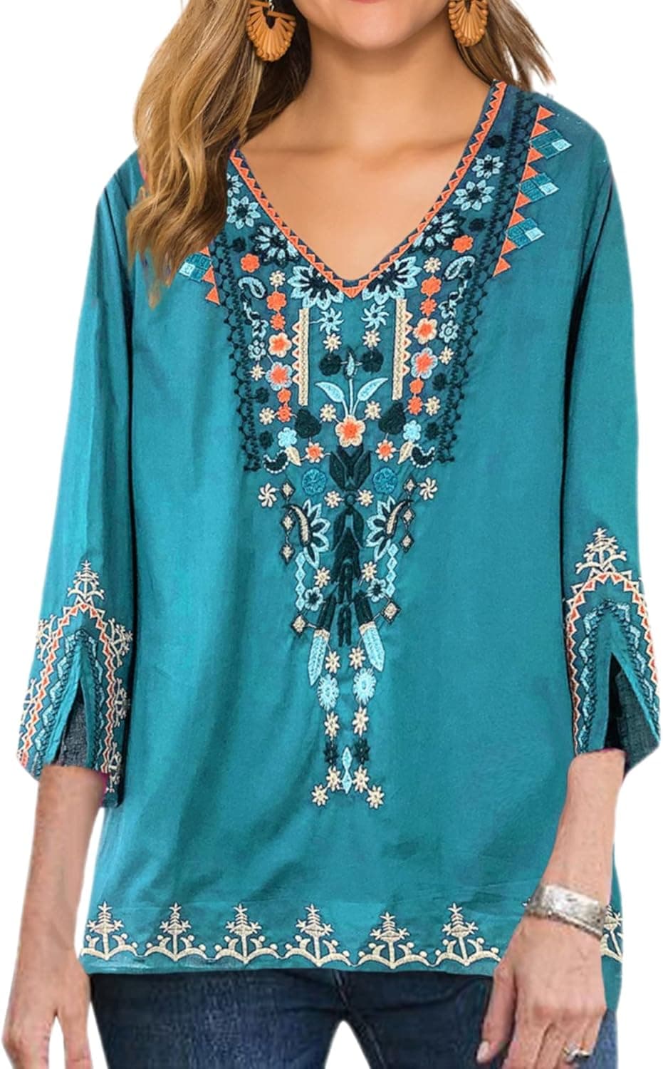 Akivide Women's Boho Embroidered Mexican Floral Peasant 3/4 Sleeve Ethnic Mexican Bohemian Embroidered Casual Blouse