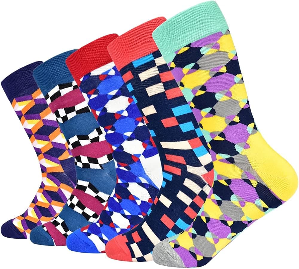 FLGYTH Men's Dress Socks Colorful Patterned Crew Cotton Novelty Funny Socks for Men Pack (02-5 pairs)