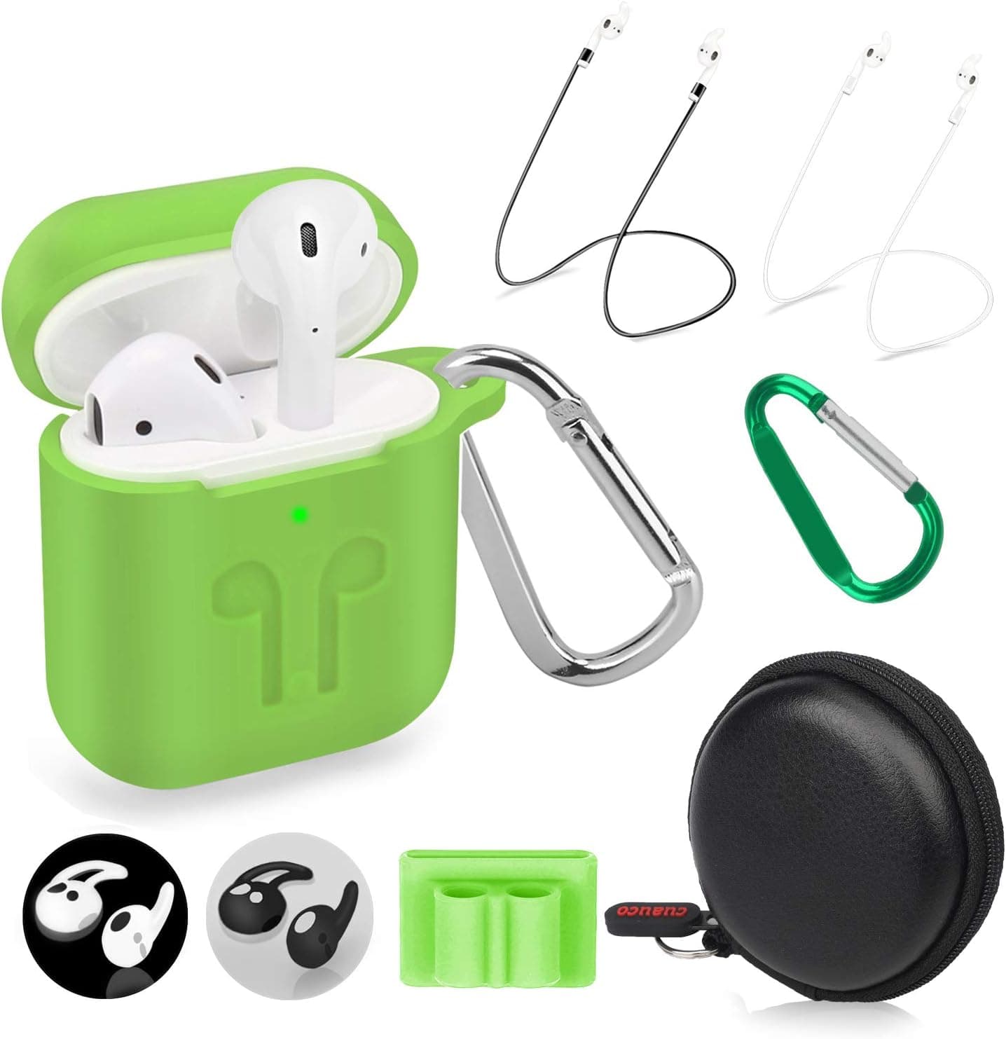 Cuauco 2020 Newest Airpods Case for Airpods 2 &1 (Front LED Visible) with 2 Anti-Lost Strap/2 Pairs of Ear Hooks/2 Carabiner/1 Watch Band Holder/1 Headphone Case for Apple Airpods 2 &1(9 Pack)(Green)
