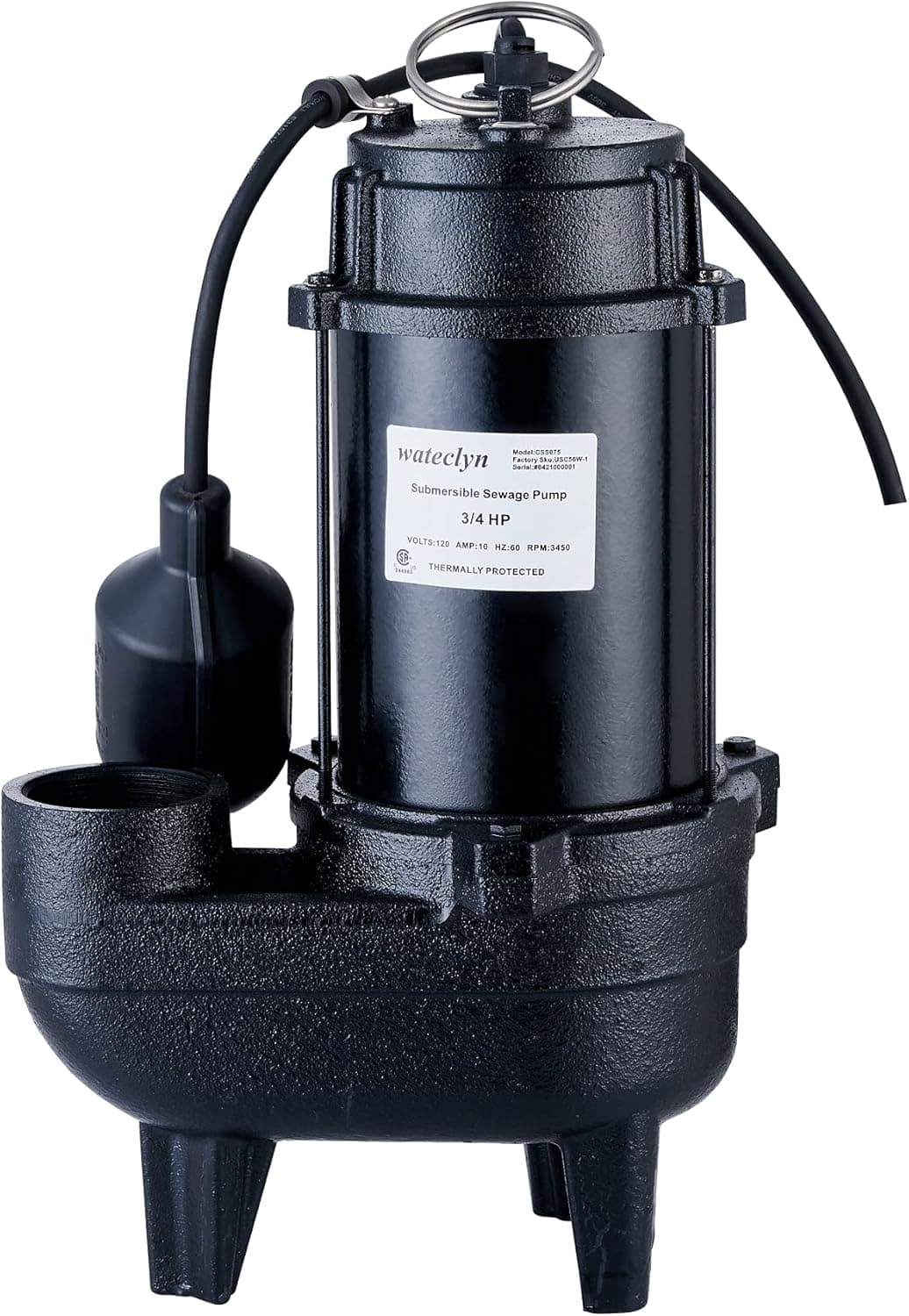 Wateclyn 3/4 HP Cast Iron Submersible Sewage Ejector Pump, Sewer Pump, Septic Tank Pump, With 10 Ft. Piggy Back Tether Float Switch, Model# CSS075…