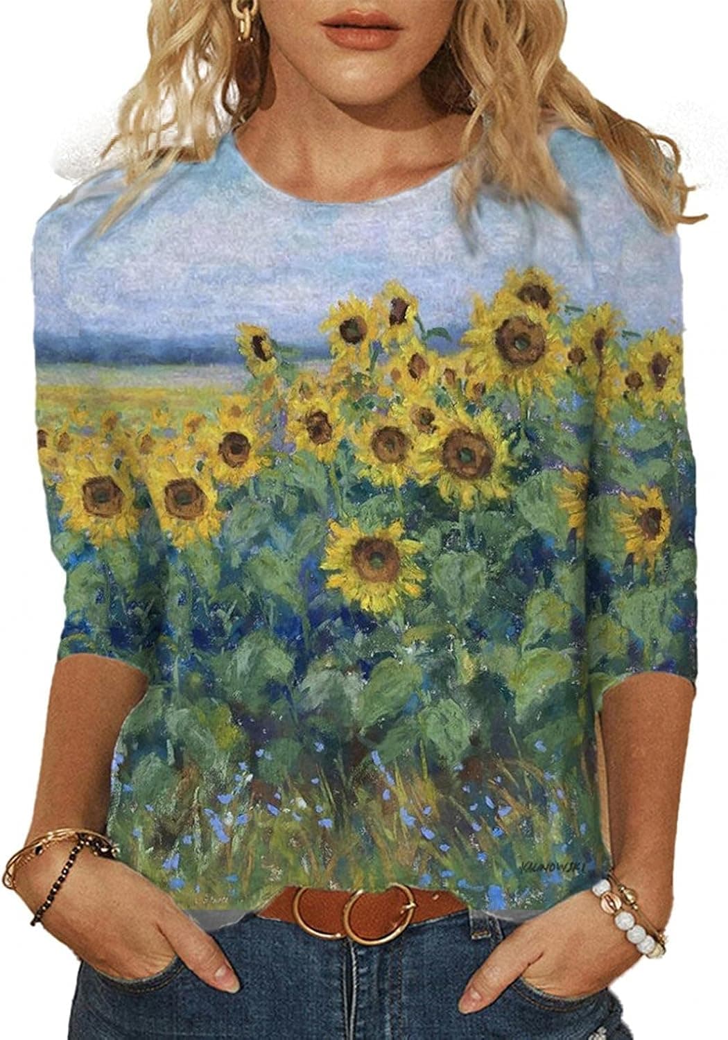 FABIURT Womens Tops, Womens 3/4 Sleeve Tops Cute Butterfly Print Tee Shirts Casual Loose Lightweight Tops Blouses