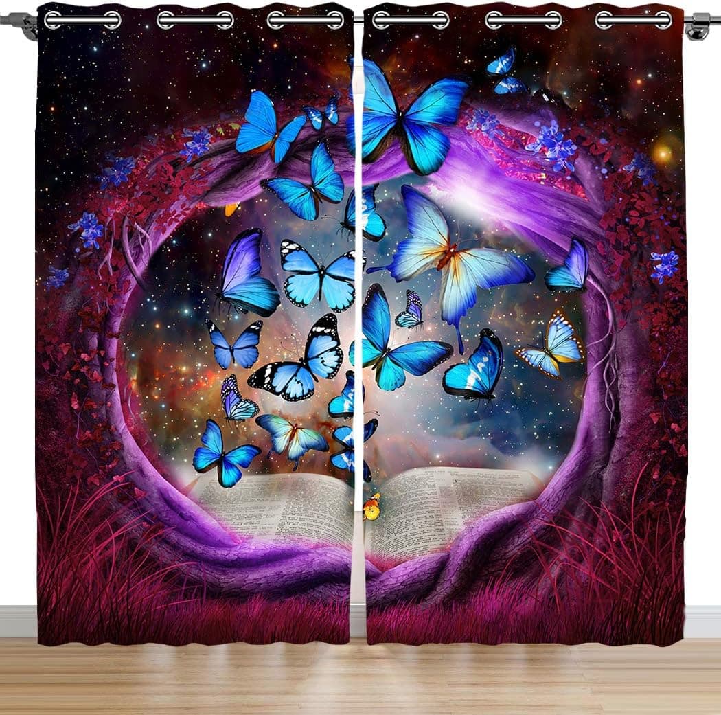 SXCHEN Blackout Curtains 2 Panels Grommet Bedroom Curtain Purple Tree Hole Blue Butterfly W54 x L84 Inch
