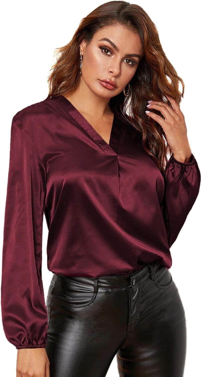 Romwe Women's Glamorous Satin Lantern Long Sleeve V Neck Solid Blouse Top Shirt