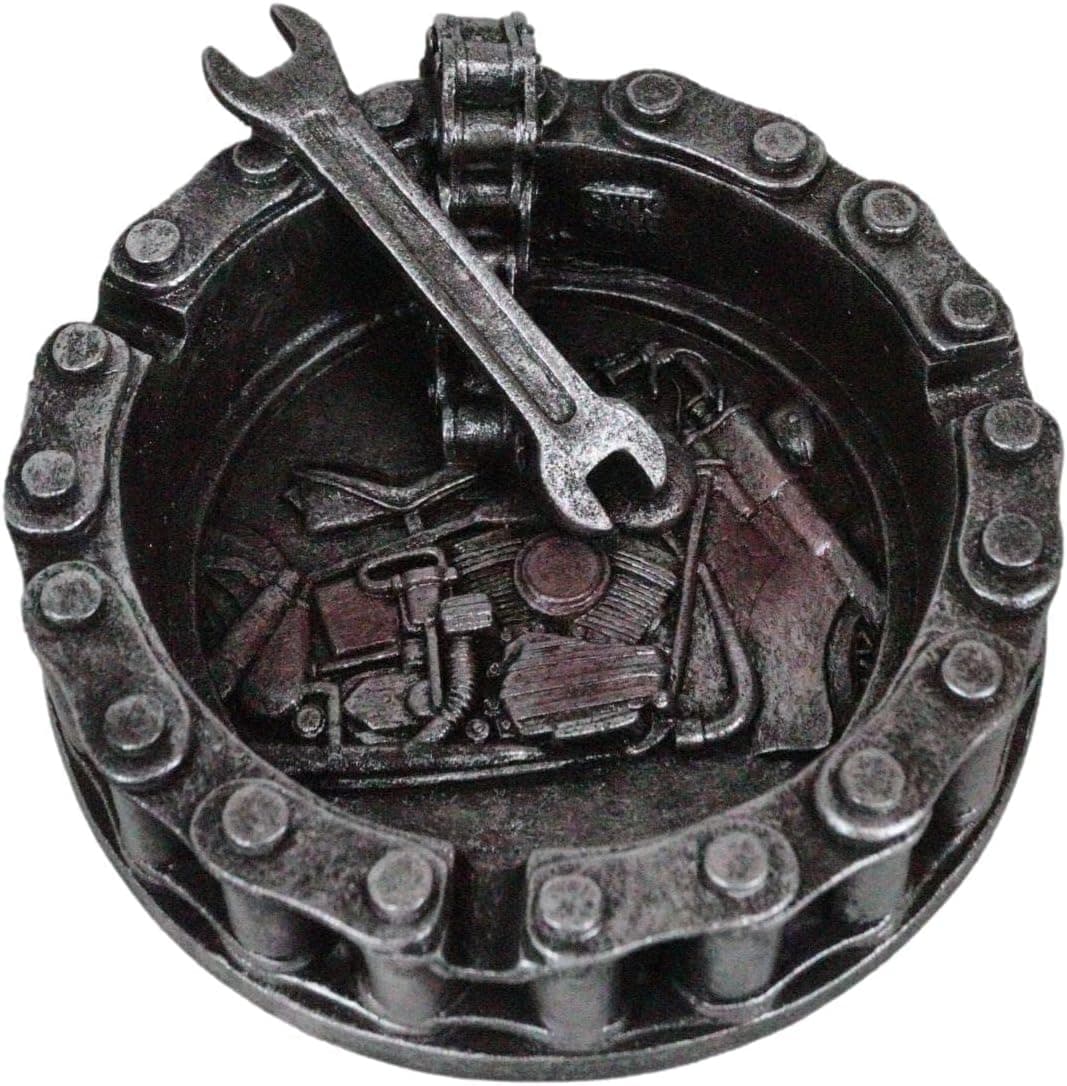 Ebros Gift Mechanic Biker Motorcycle Round Belt Chain With Wrench Tool Cigarette Ashtray Resin Figurine Smoke Shop Room Man Cave Indoor Outdoor Bar Decorative Accent