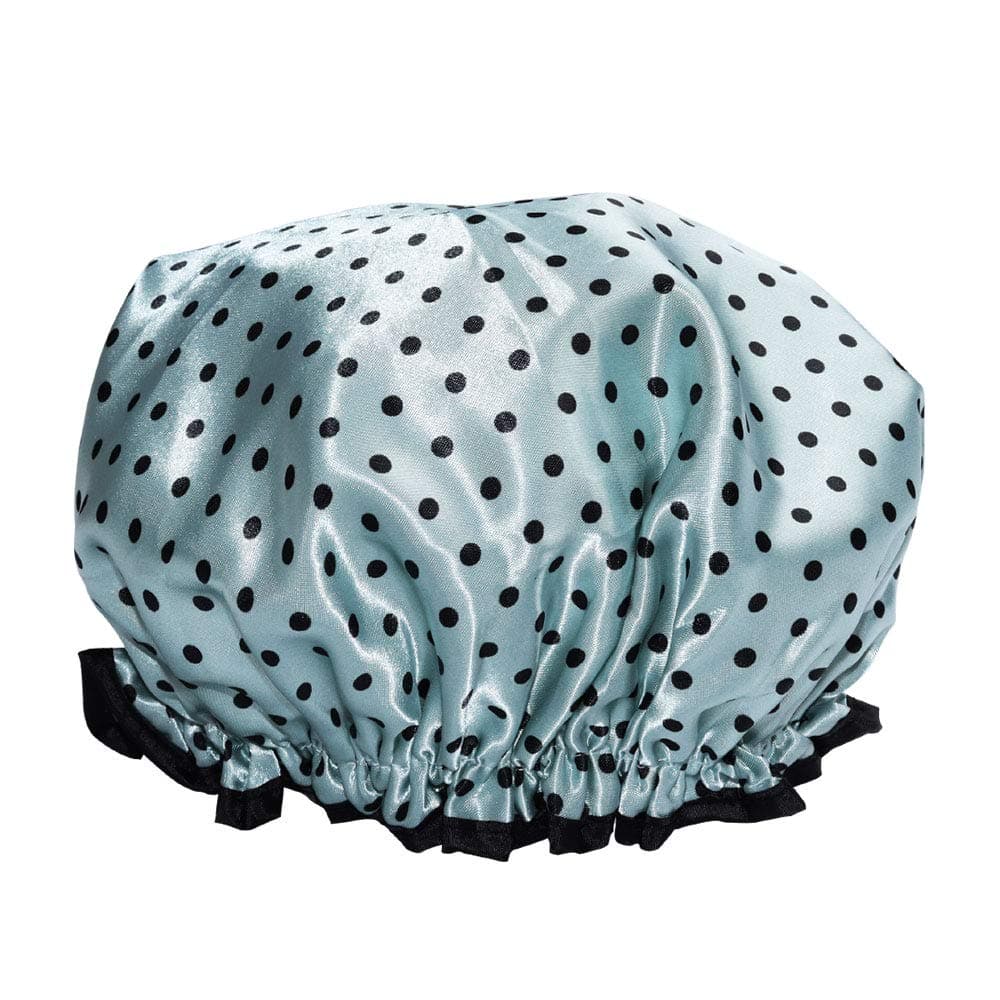 Shower Caps Satin Double Layered Bath Cap for Women Waterproof Adjustable Hair Cap Blue Dots Reusable Shower Caps for Spa