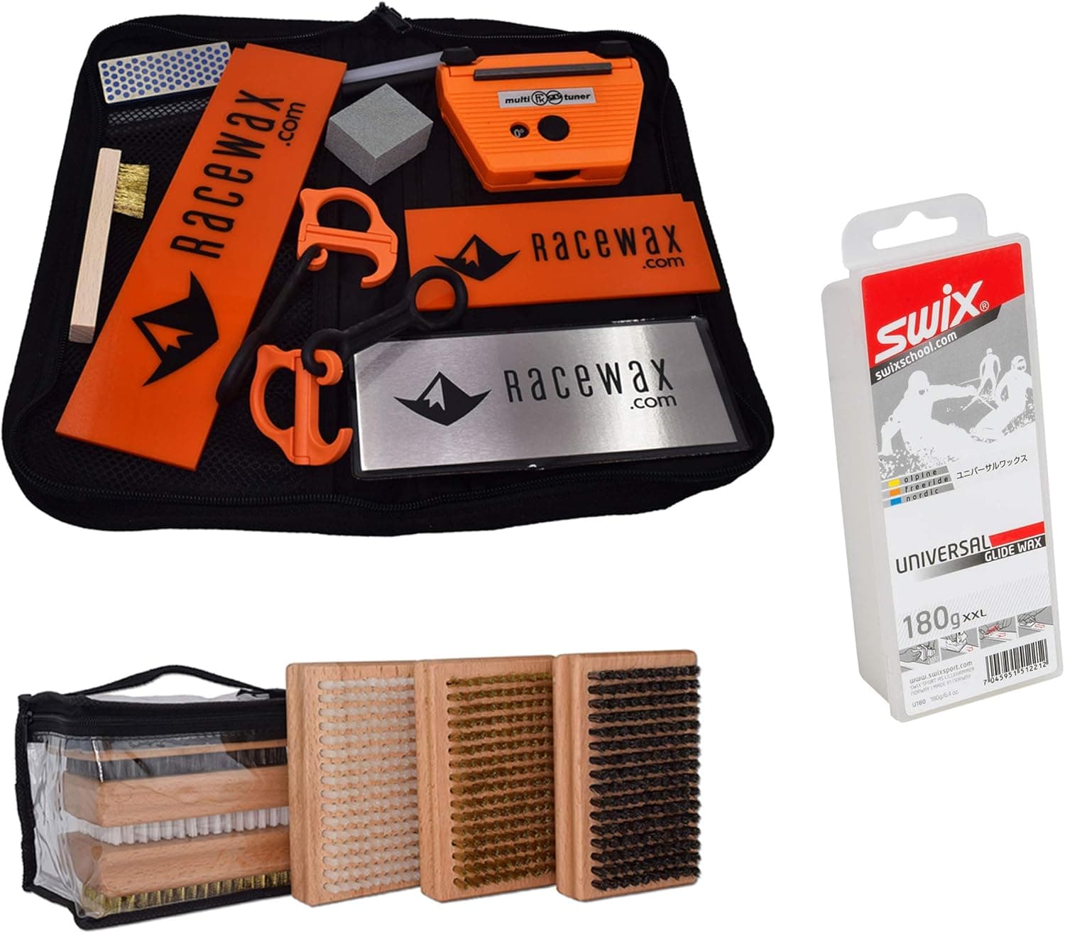 RaceWax Race Tune Kit Ski Snowboard 3 Brushes with Swix Universal Wax