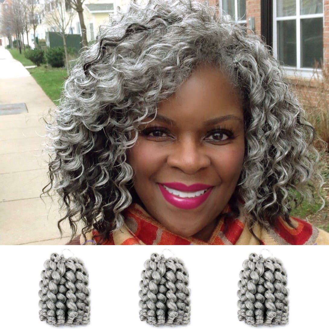 Pack of 3 Jamaican Bounce Crochet Hair Wand Curl Synthetic Hair Crochet Braids 8 Inch 20 Strands/Pack ELEGANT MUSES Afro Kinky Braiding Hair Extensions for Black Women (8", Grey)