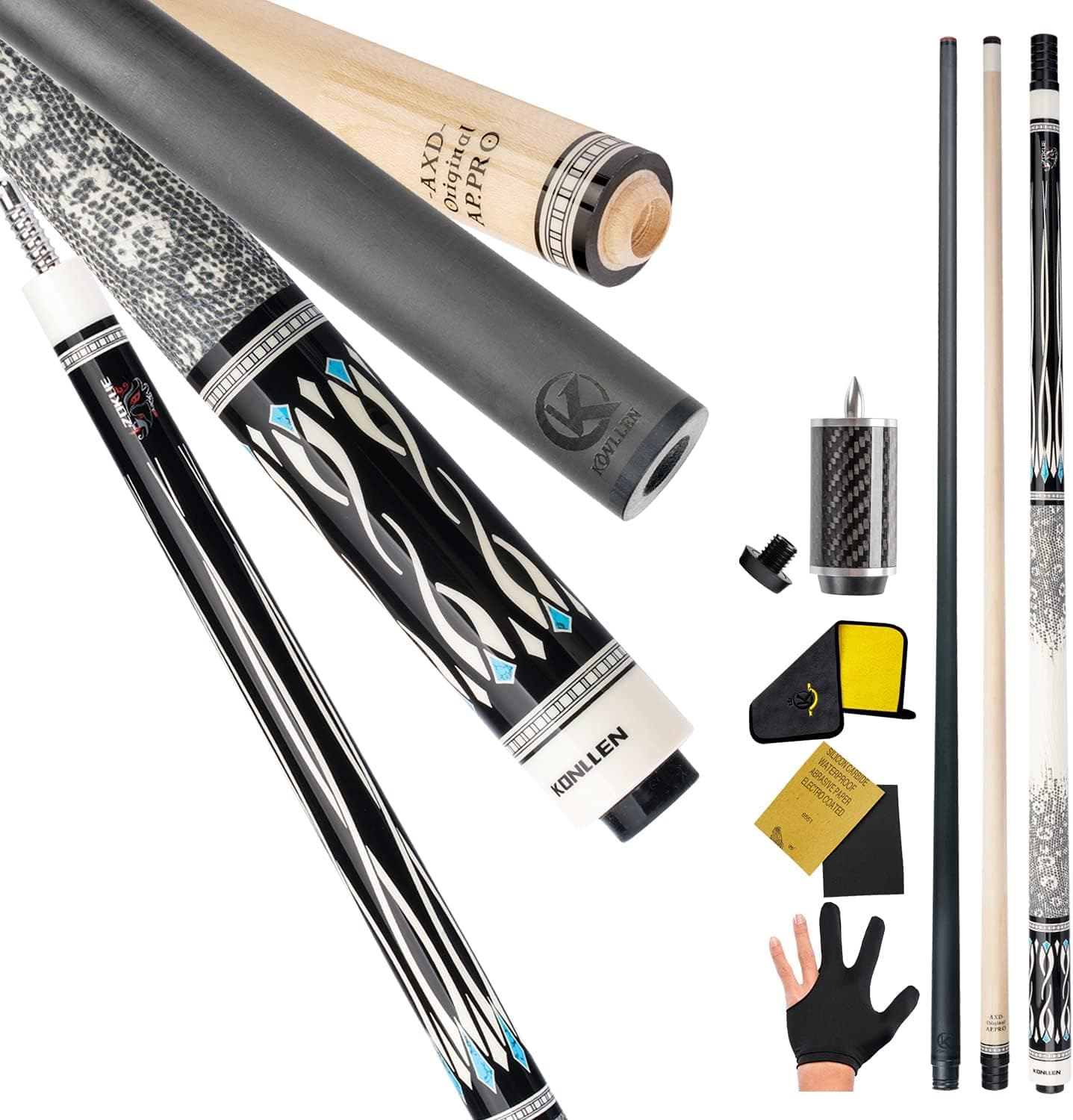 KONLLEN Double Shafts Pool Cue Stick Low Deflection Billiard Cue (Carbon Fiber Shaft,Canadian Selected Technology Maple Shaft, 13mm Tiger Tip, 3/88 Radial Loc-Wood Pin Joint, 58'' Length)
