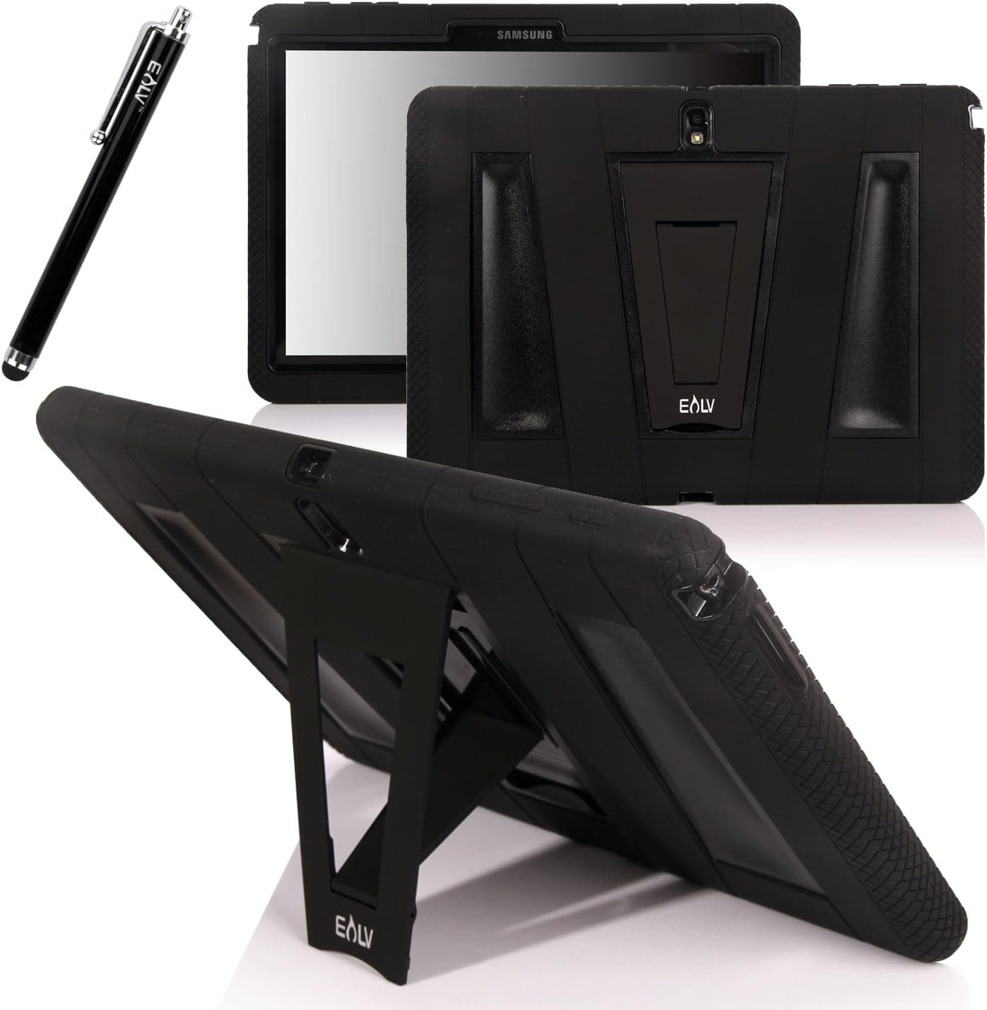 E LV Samsung Galaxy Tab Pro 10.1 (2014) Case Deluxe Hard Soft Dual Layer Design and High Impact Resistant Bumper Full-body Protective Hybrid Armor Defender Case Combo Convertible Built in Stand with 1 Black Stylus (Black, Samsung Galaxy Tab Pro 10.1)