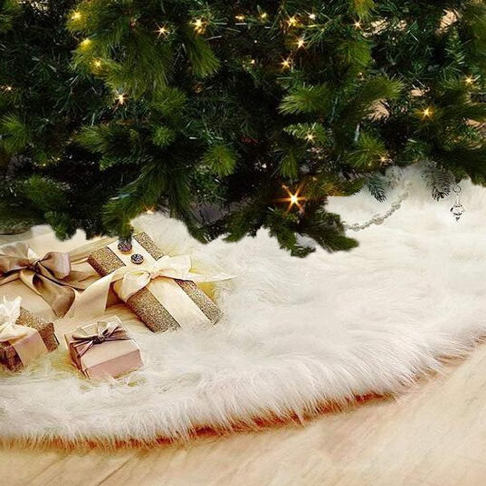 Jogotoll Christmas Tree Skirt Mat Decoration Plush Luxury Faux Fur Soft Snow White for Holiday New Year Party Pet Santa Snowman Reindeer Ornaments (48 Inch Dia.)