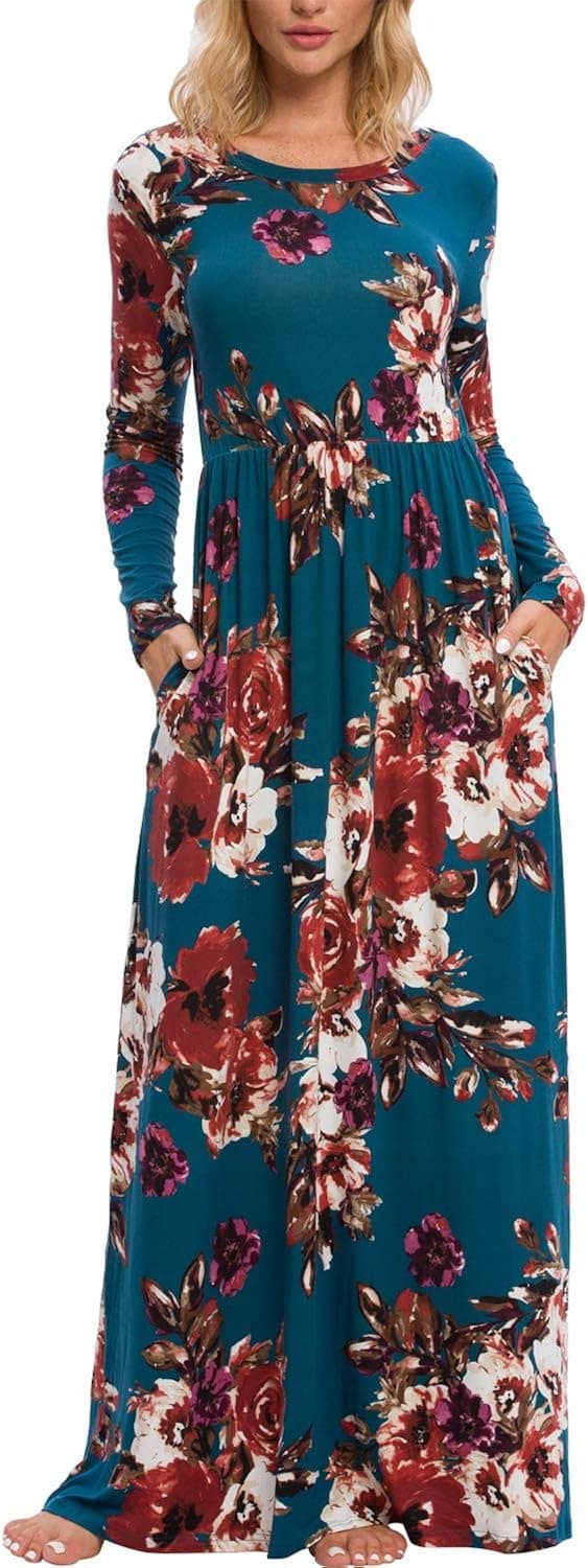 LAINAB Fall Women's Casual Floral Long Sleeve Long Maxi Dress with Pockets